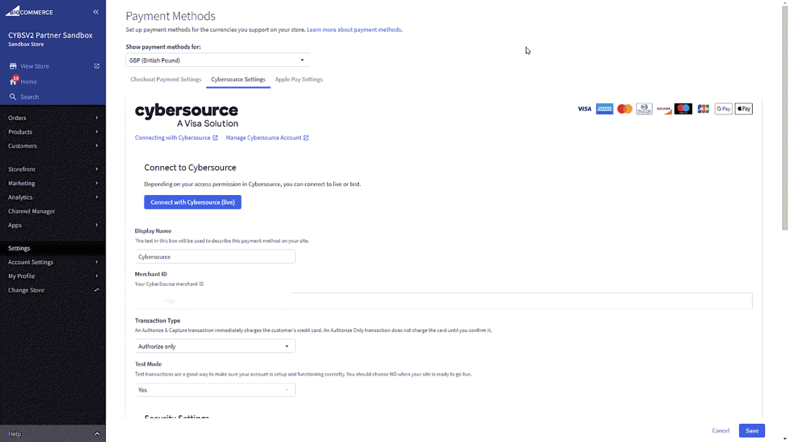 BigCommerce Cybersource Settings