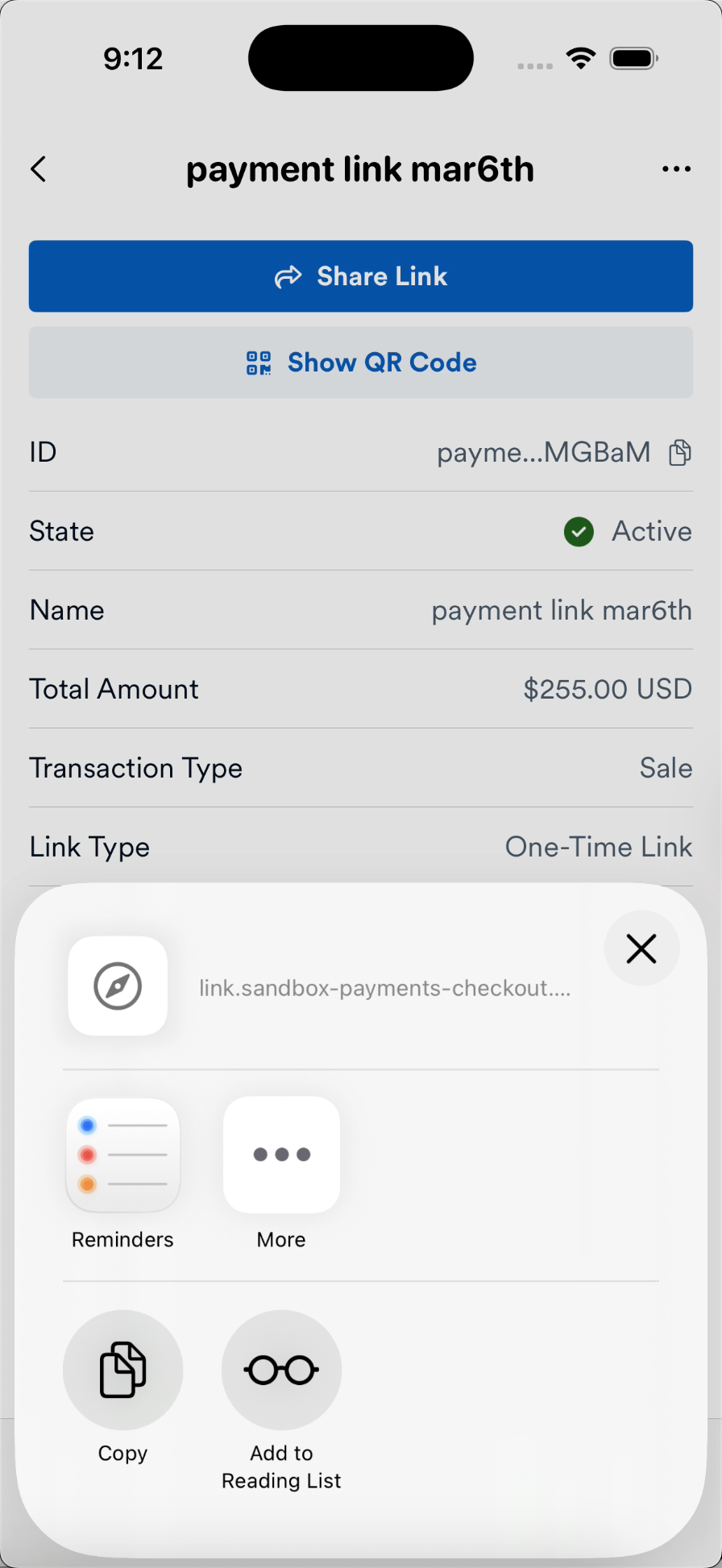 Finix Checkout iOS App - Sharing Payment Links