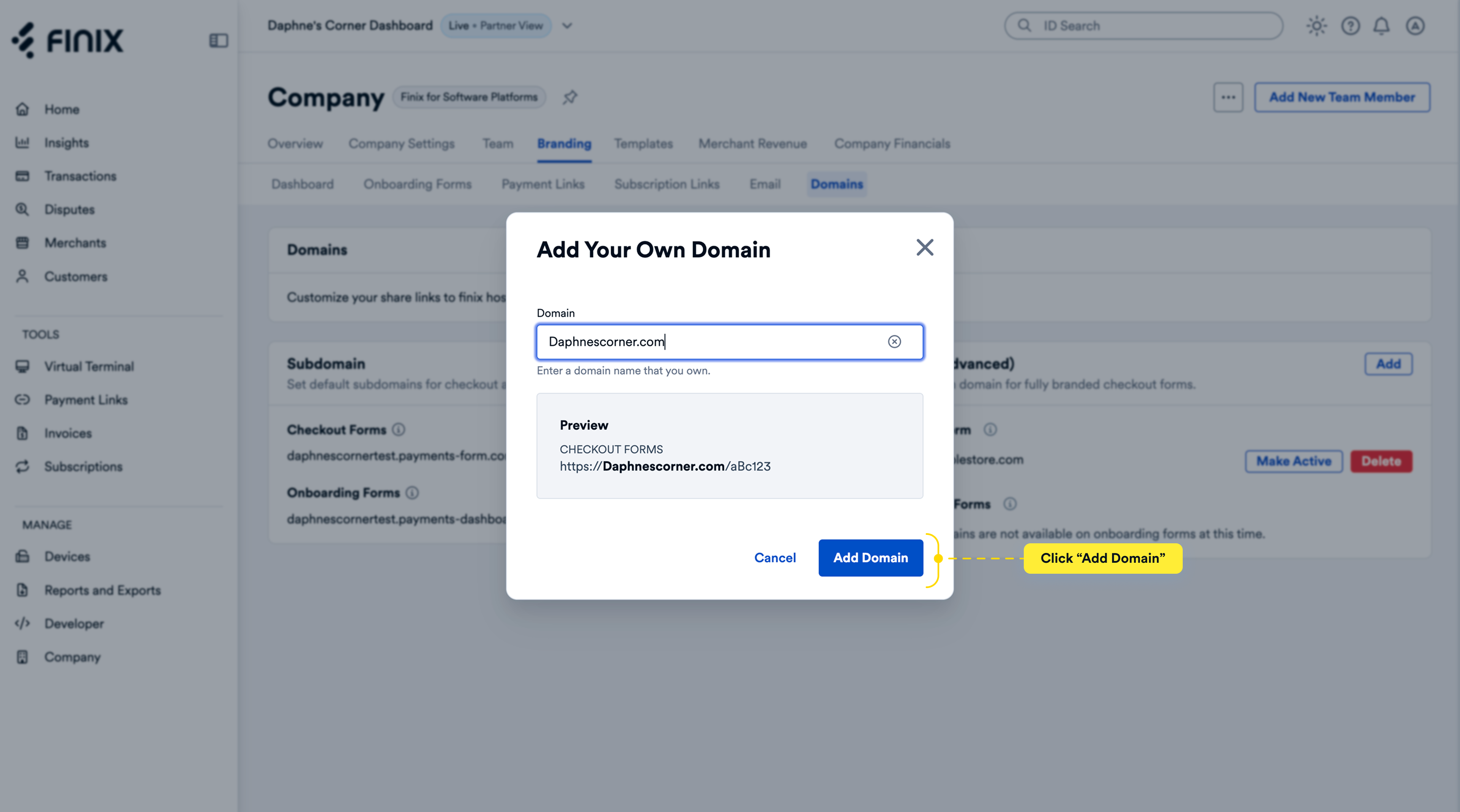 Add Your Own Domain Popup