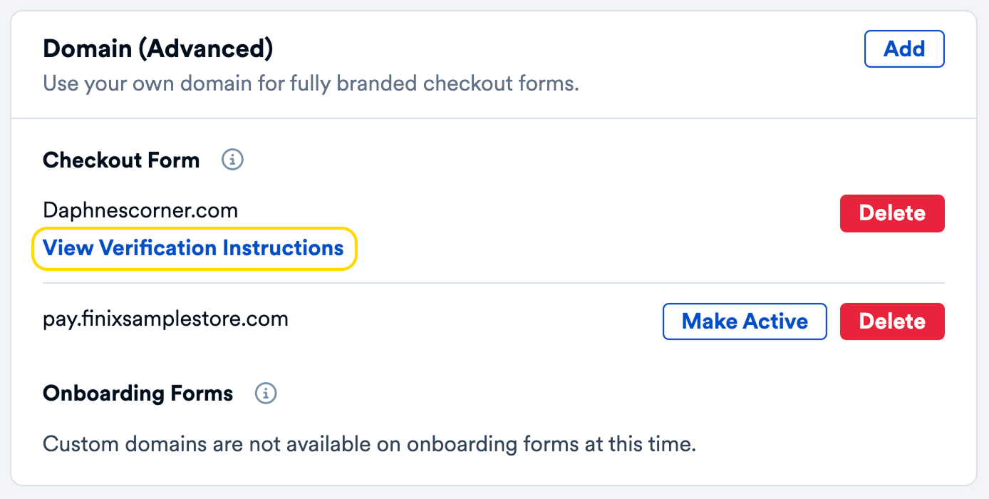 Domains settings page showing custom domain with unverified status