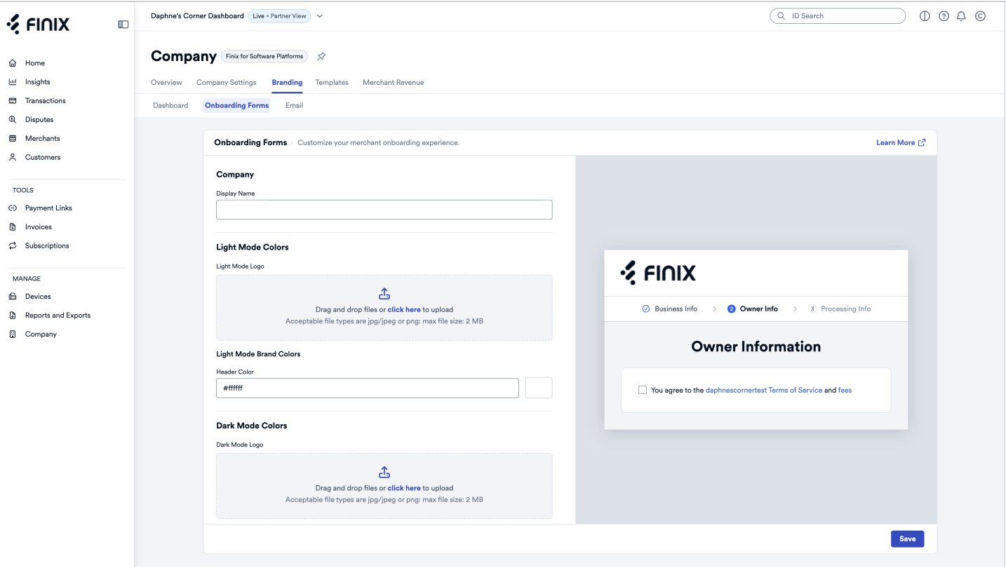 Dashboard Settings Onboarding Forms
