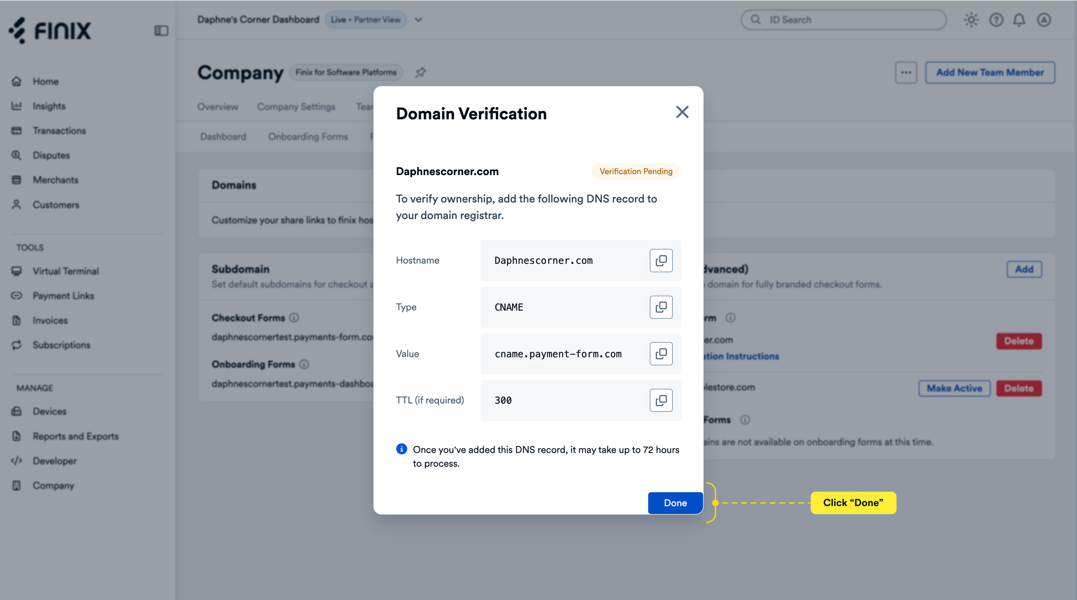 Domain verification popup showing DNS TXT record instructions in Finix Dashboard