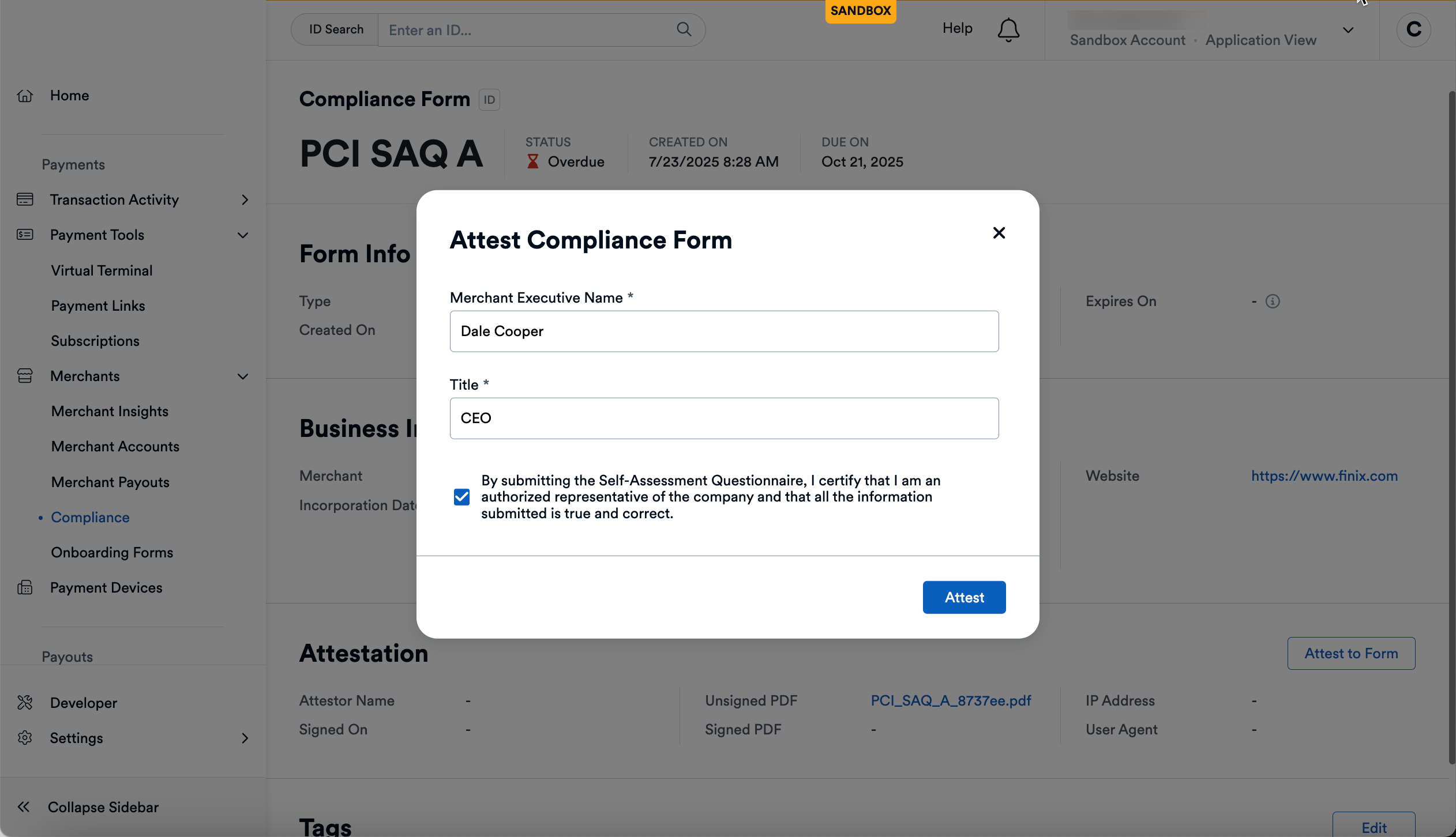 Application Compliance Screen Attest Modal