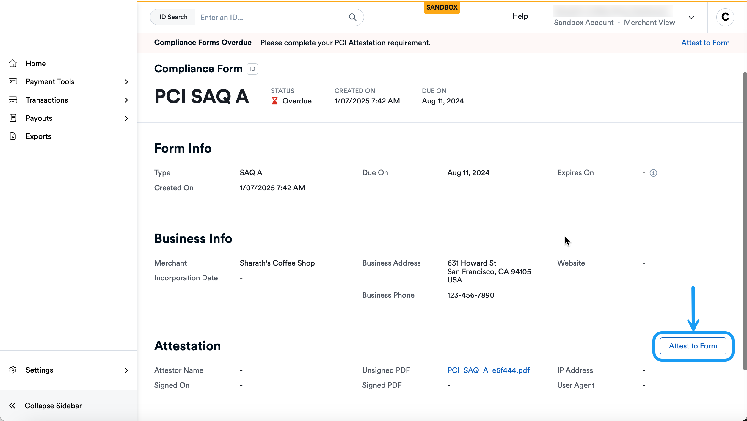 Merchant Compliance Screen Attest Button