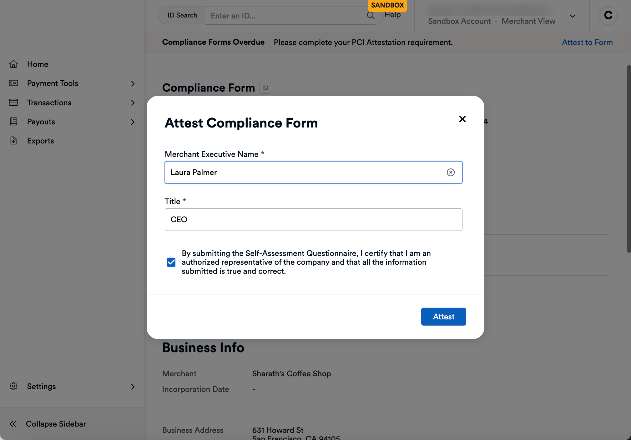 Merchant Compliance Screen Attest Modal