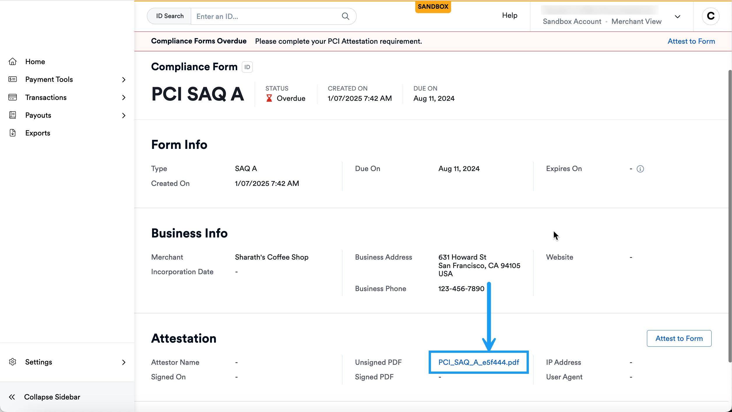 Merchant Compliance Screen Unsigned Link