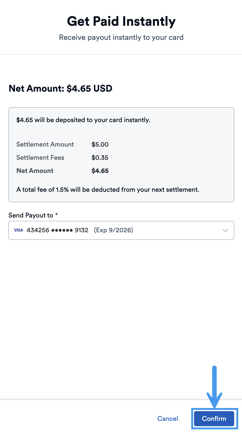 Instant Payouts Review Screen