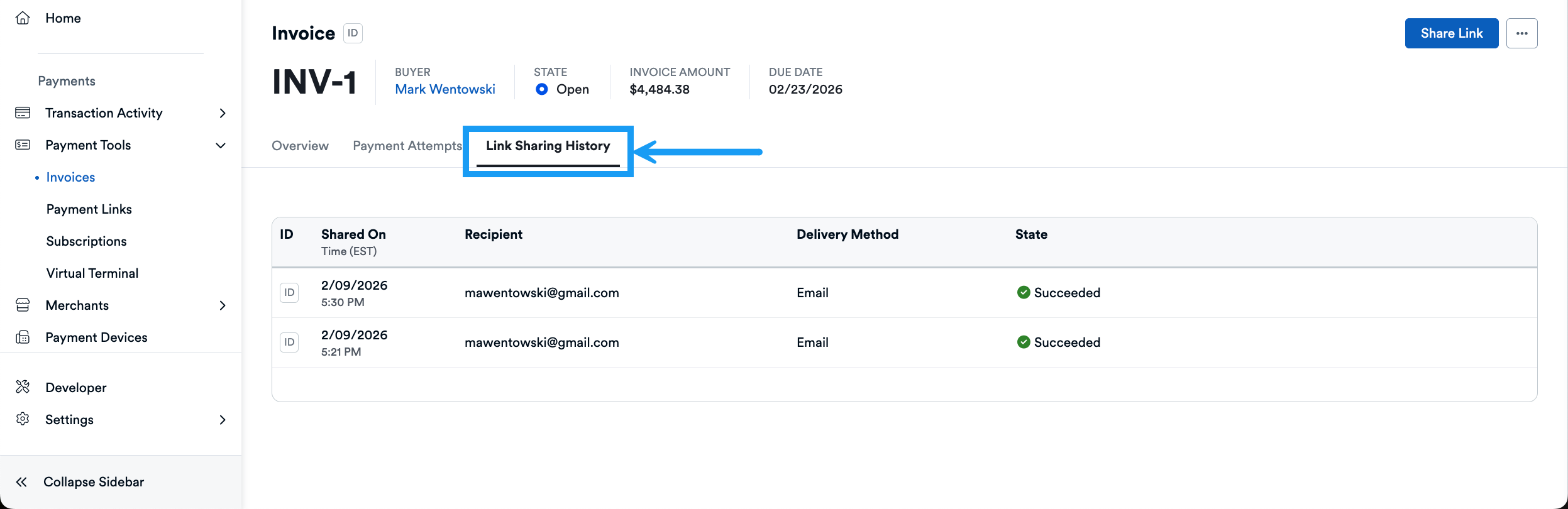 Invoice Details Page Link Sharing History Tab