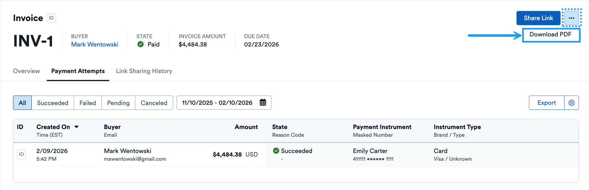 Invoice Details Page Options Menu