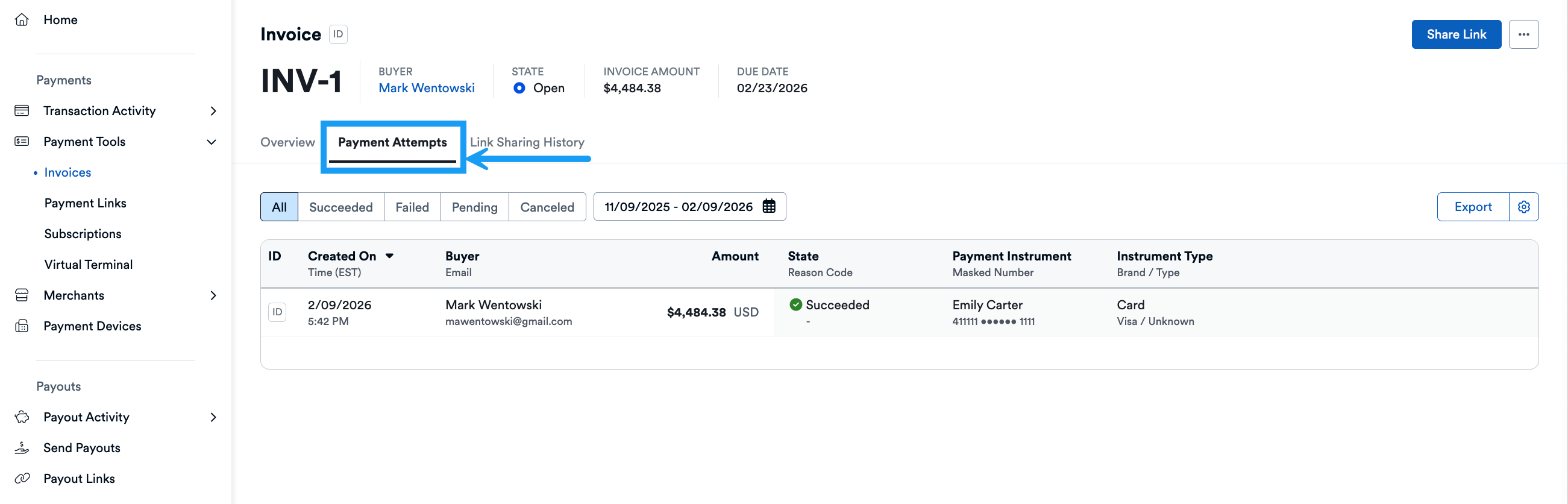 Invoice Details Page Payment Attempts Tab