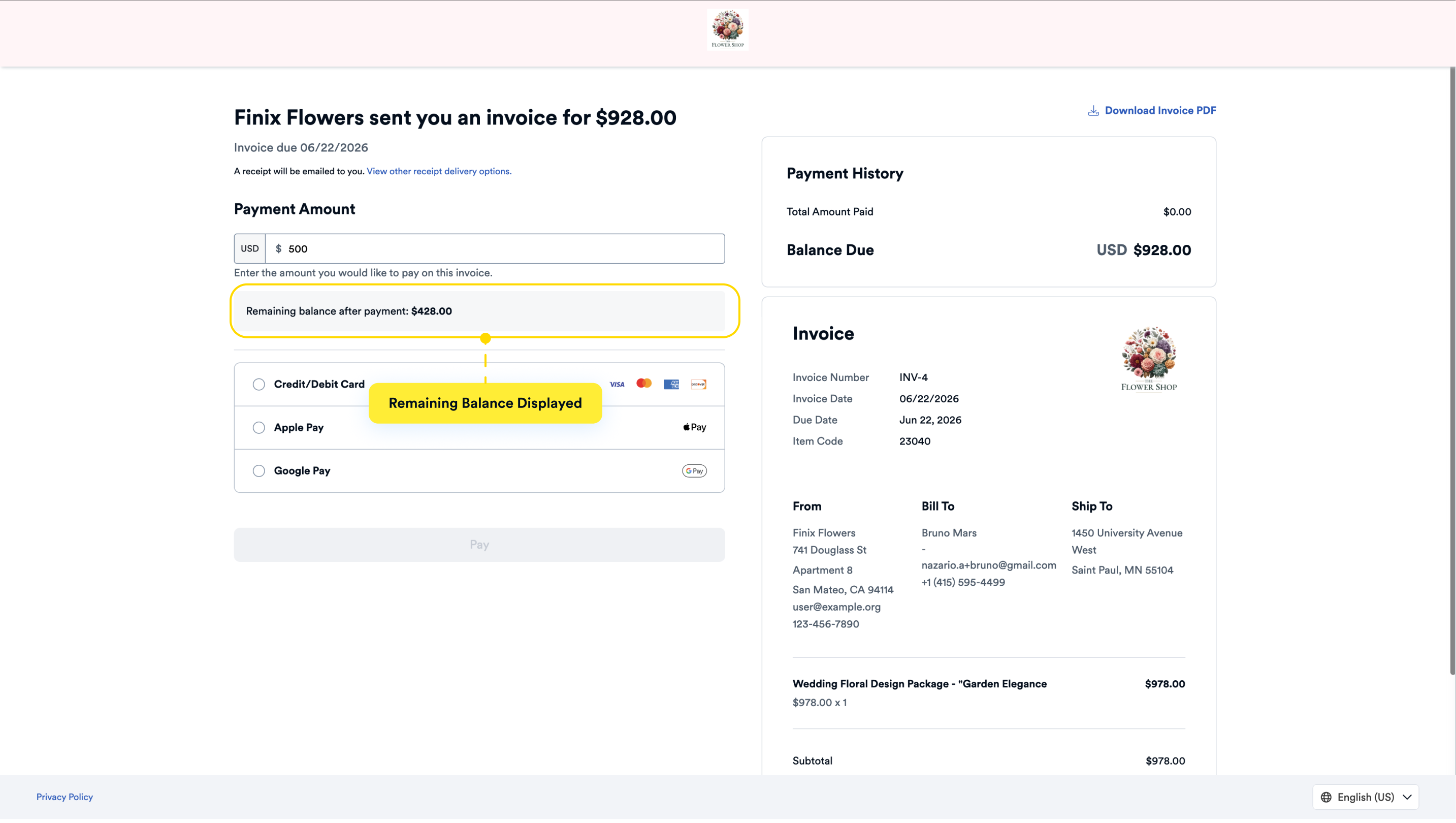Invoice Payment Page - Partial Payment