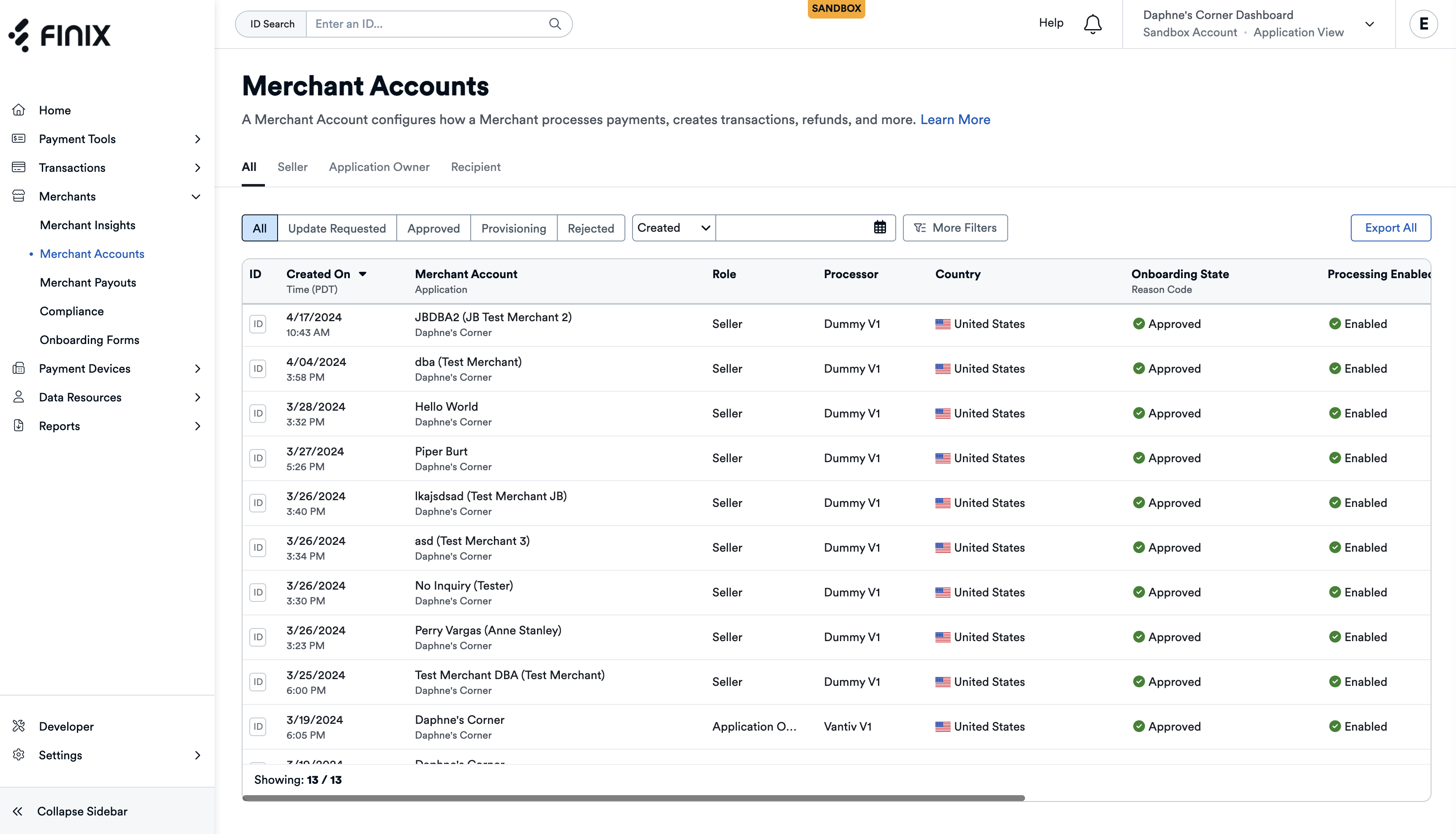 Merchant Account List Page