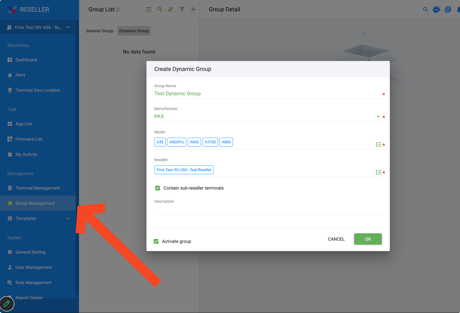 Reseller nav bar with an arrow pointing to the Group Management item