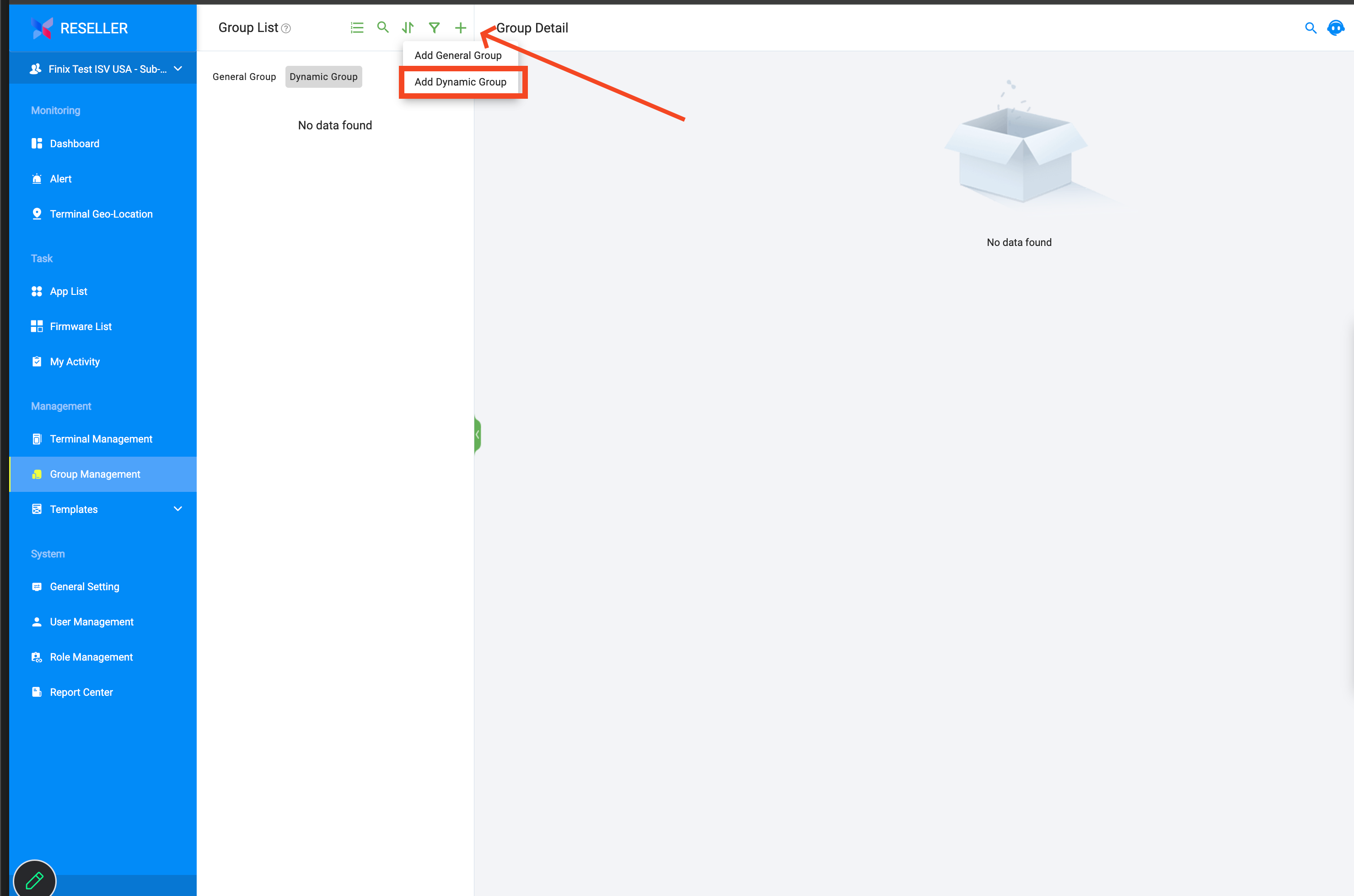 Group List page with an arrow pointing to the + button and the Add Dynamic Group option highlighted