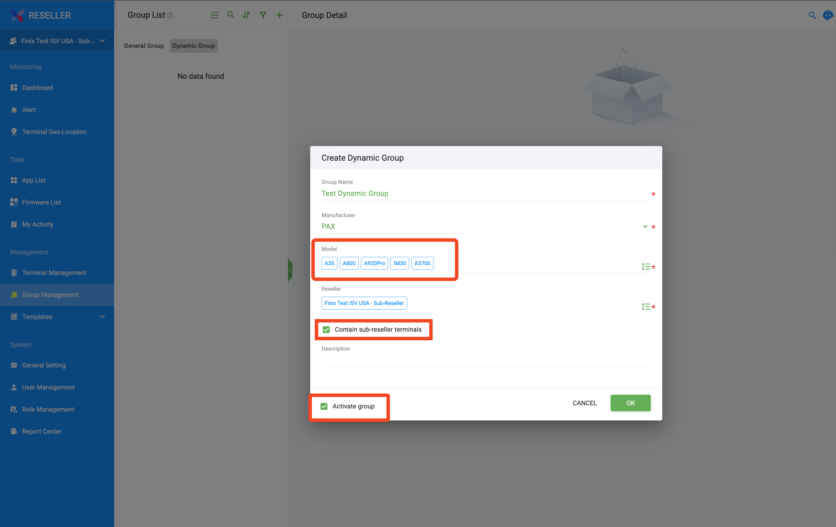 Create Dynamic Group dialog with the Model field, Contain sub-reseller terminals checkbox, and Activate group checkbox highlighted
