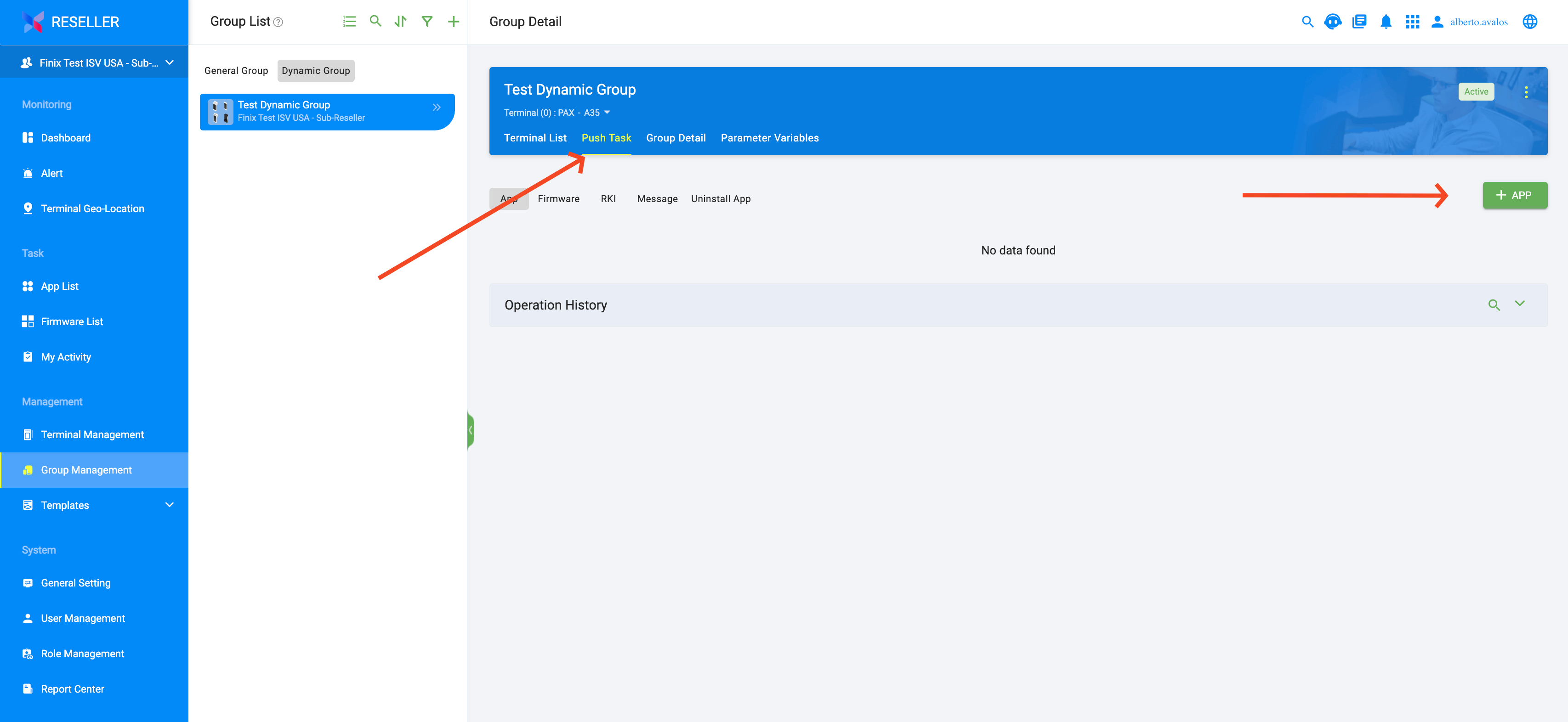 Group Detail page with arrows pointing to the Push Task tab and the + APP button