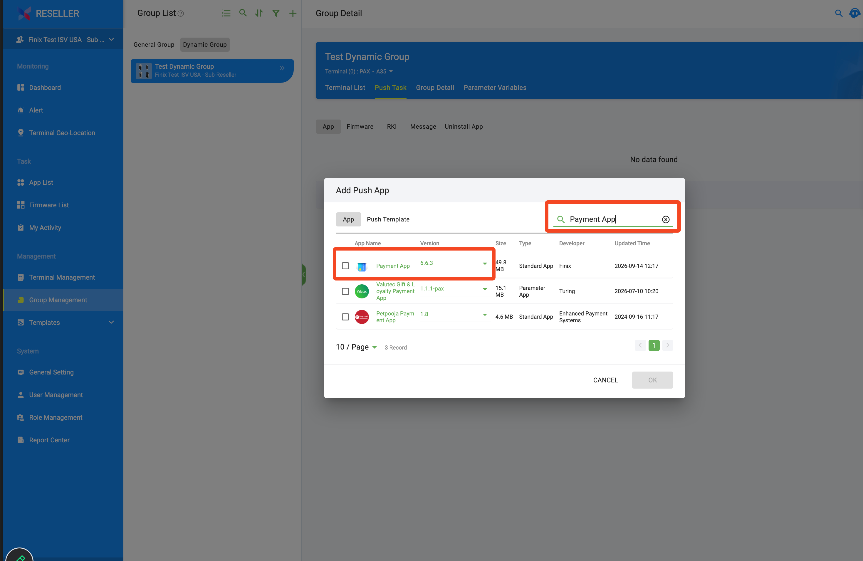 Add Push App dialog with an app selected from the search results
