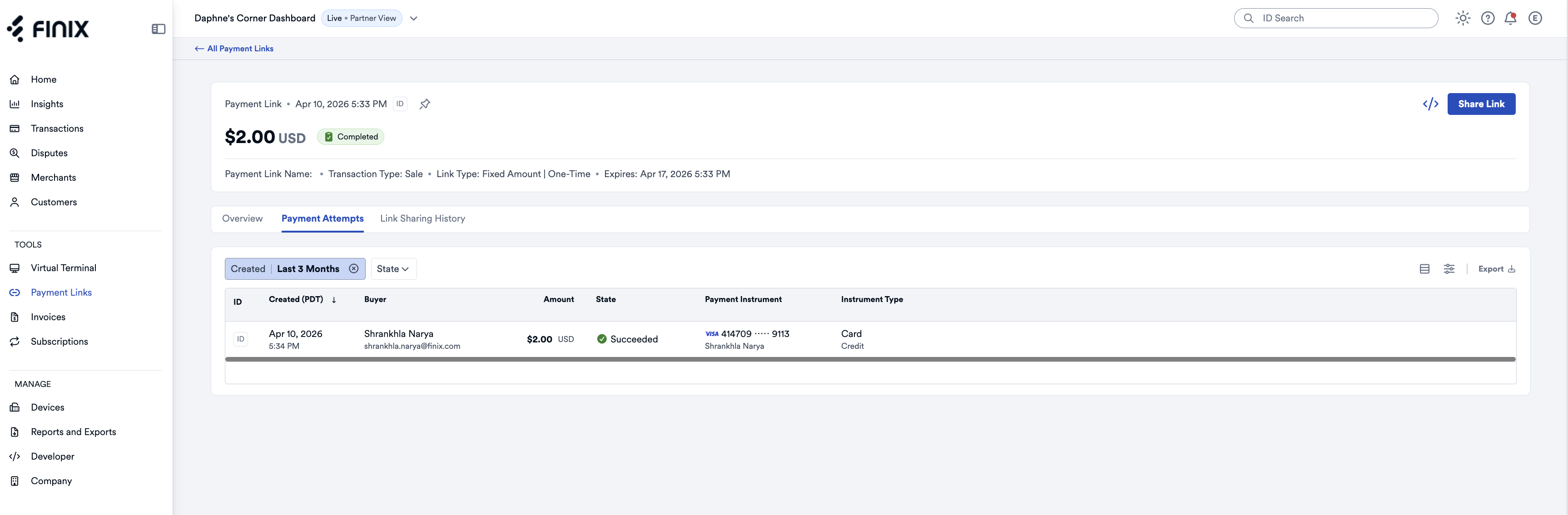 Payment Link Details Page Payment Attempts Tab