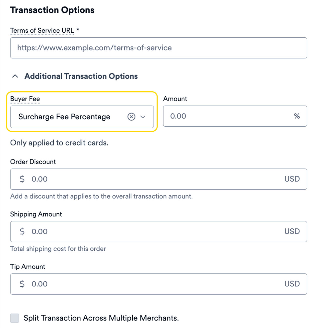 Payment Link Creation Form - Surcharge Fee