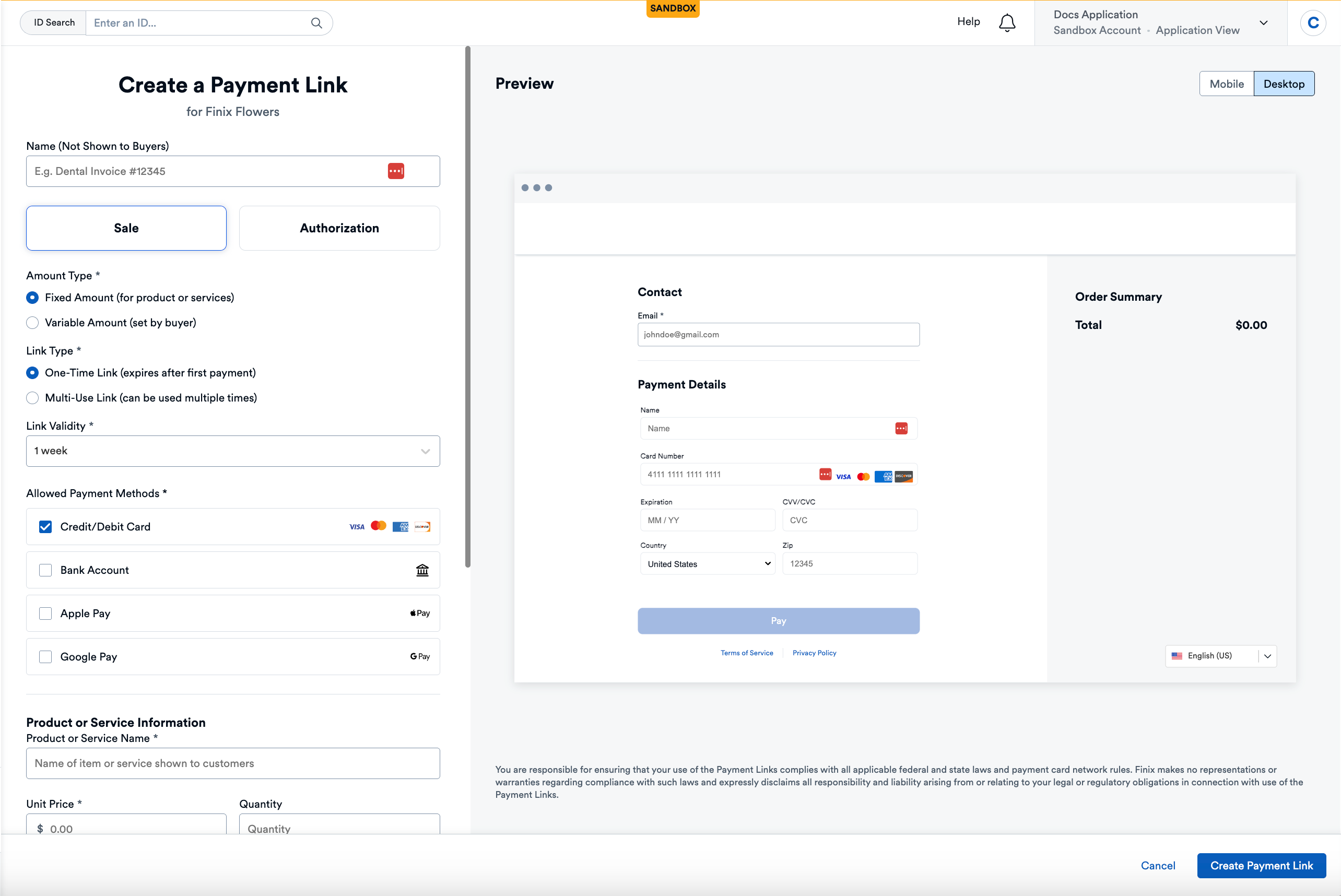 Payment link Creation Form