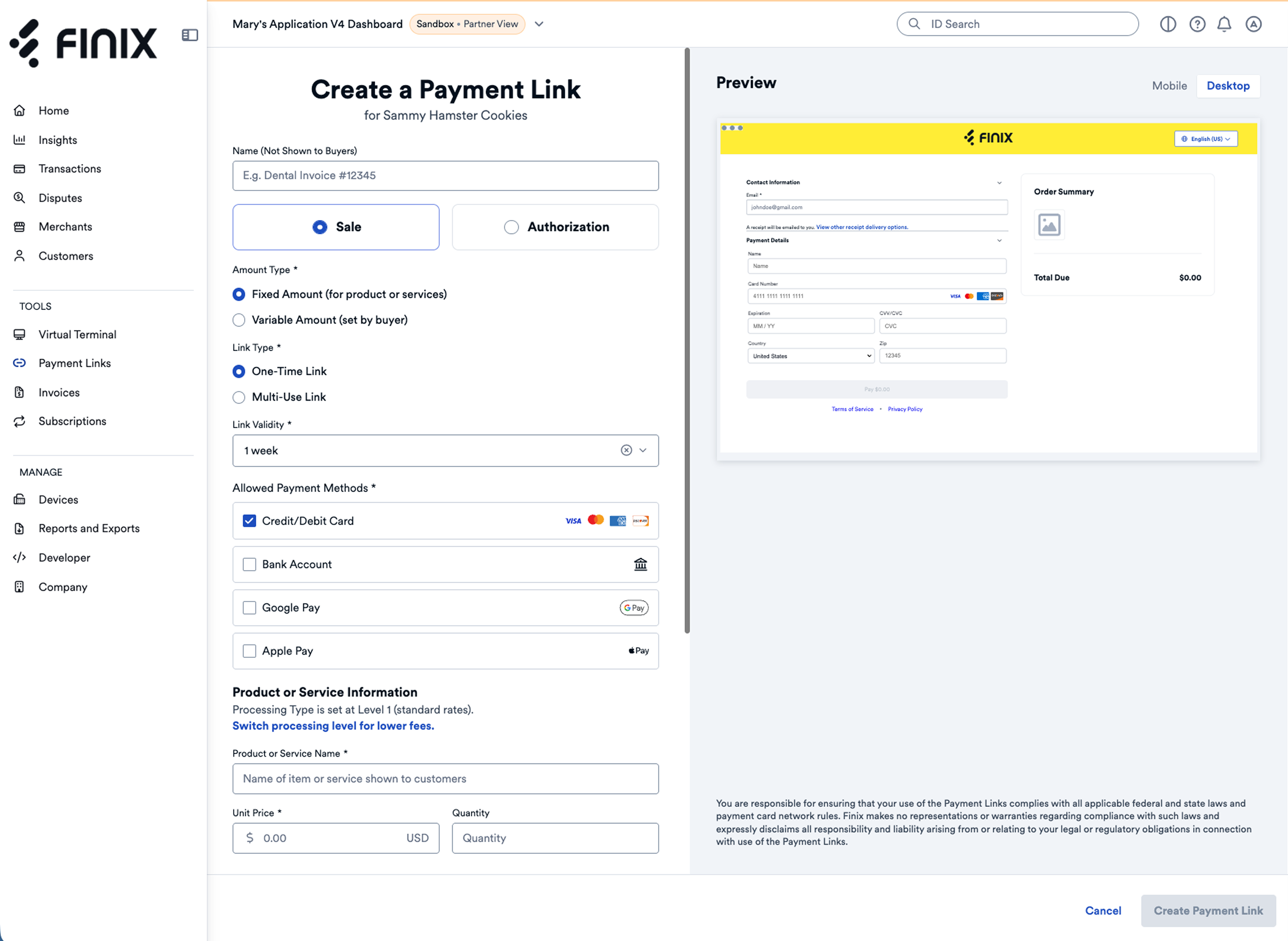 Payment link Creation Form