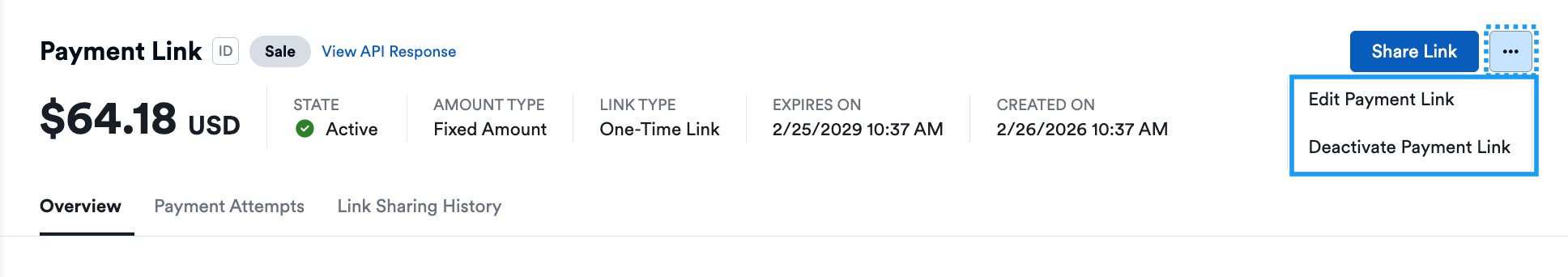 Payment Link Details - Additional Options