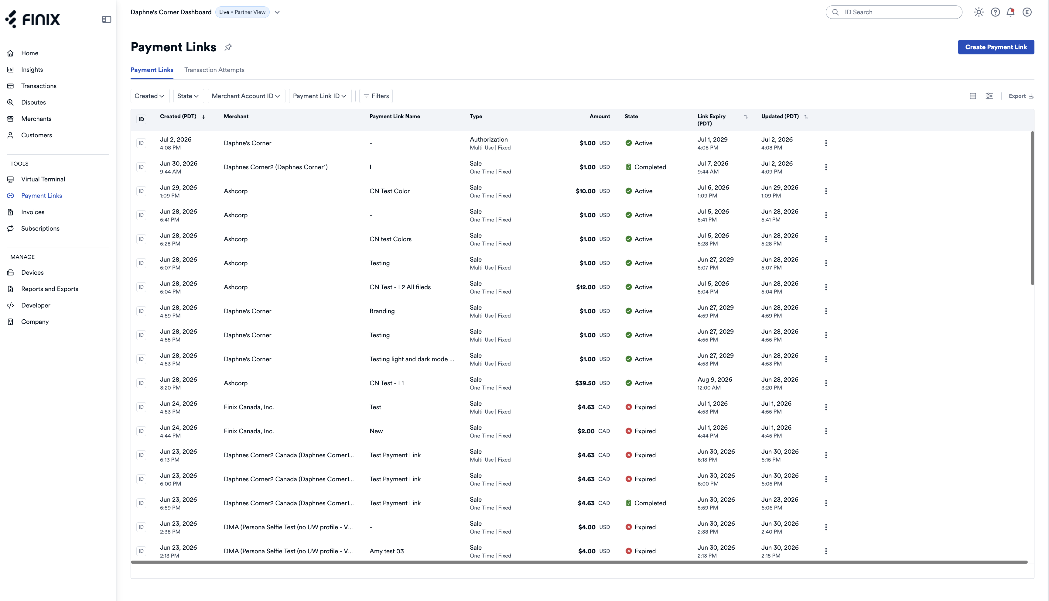 Payment Links List Page