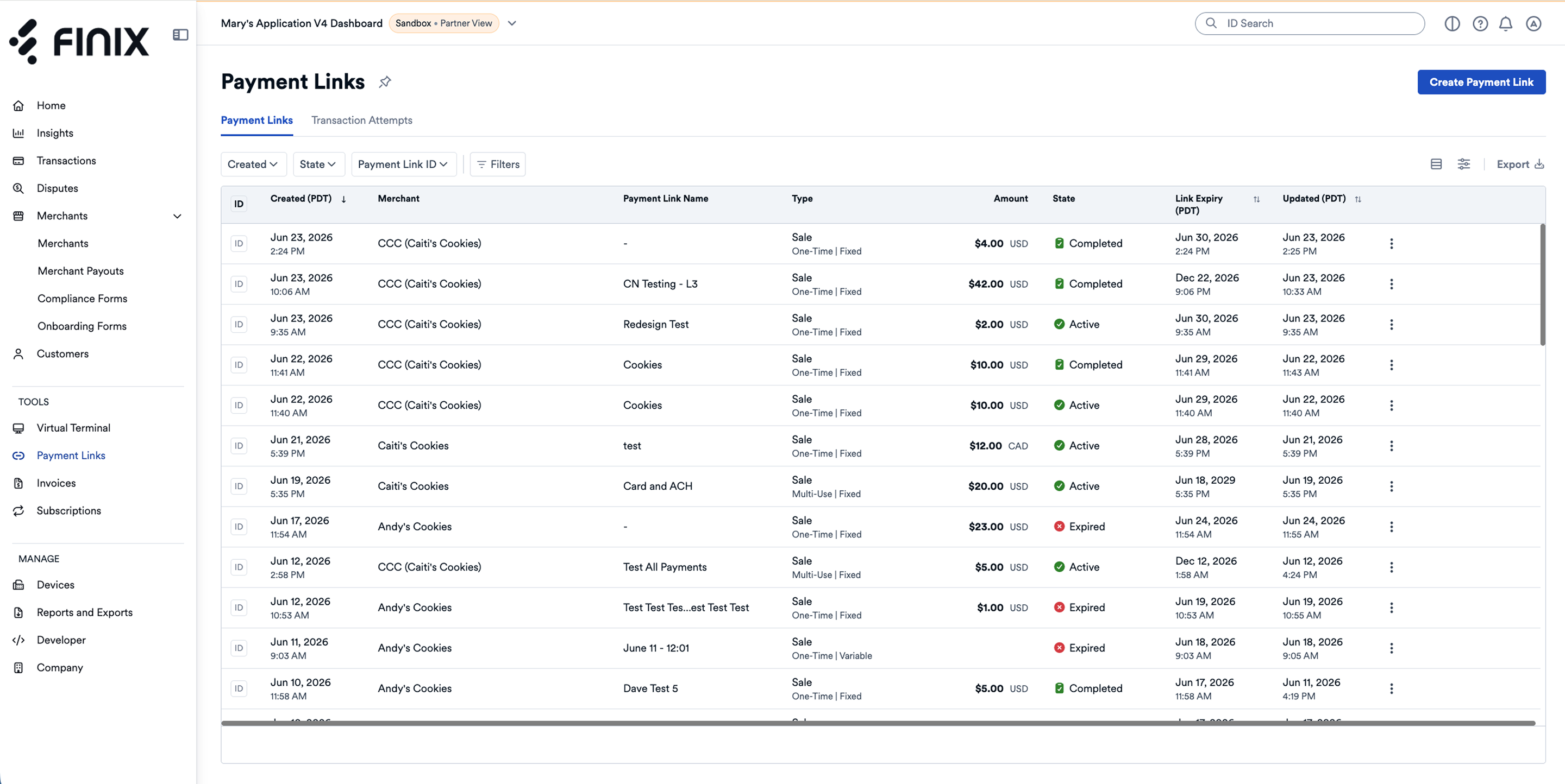Payment Link List Page