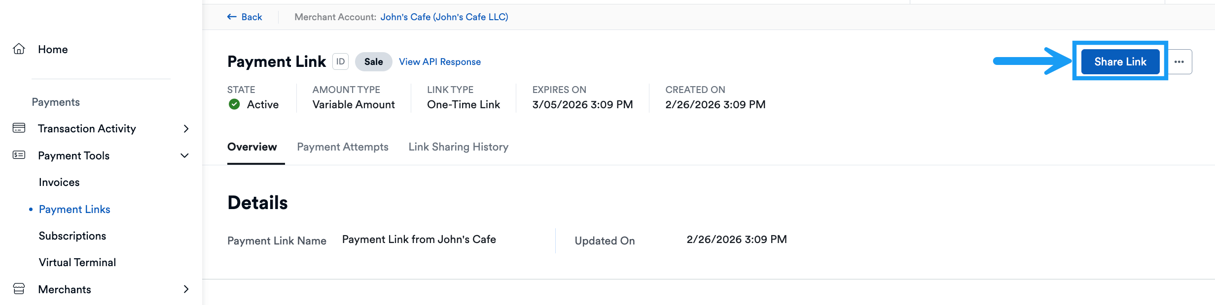 Payment Link Details Page Share Link