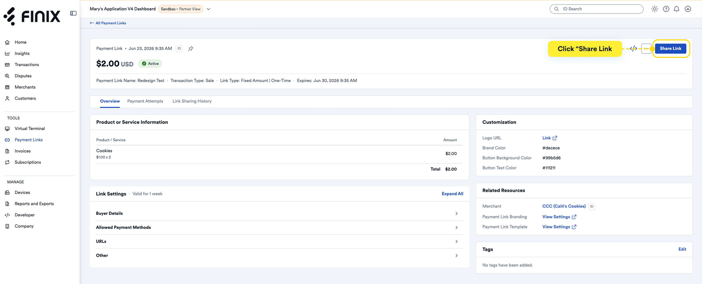 Payment Link Details Page Share Link