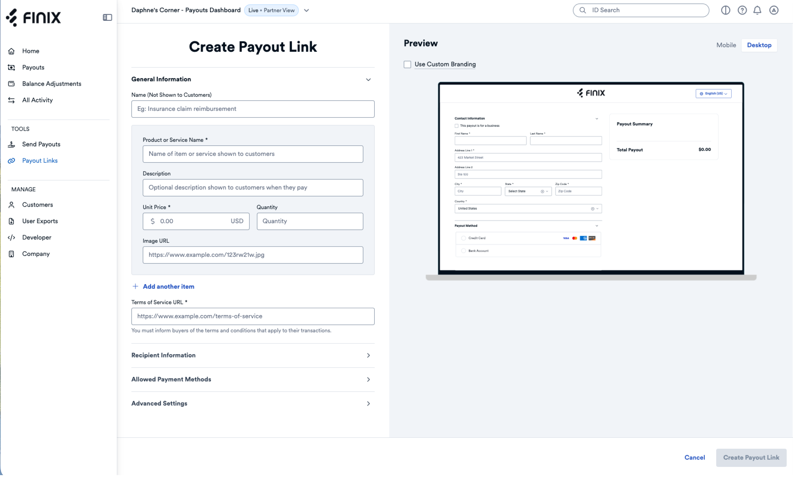 Payout Link Creation Form