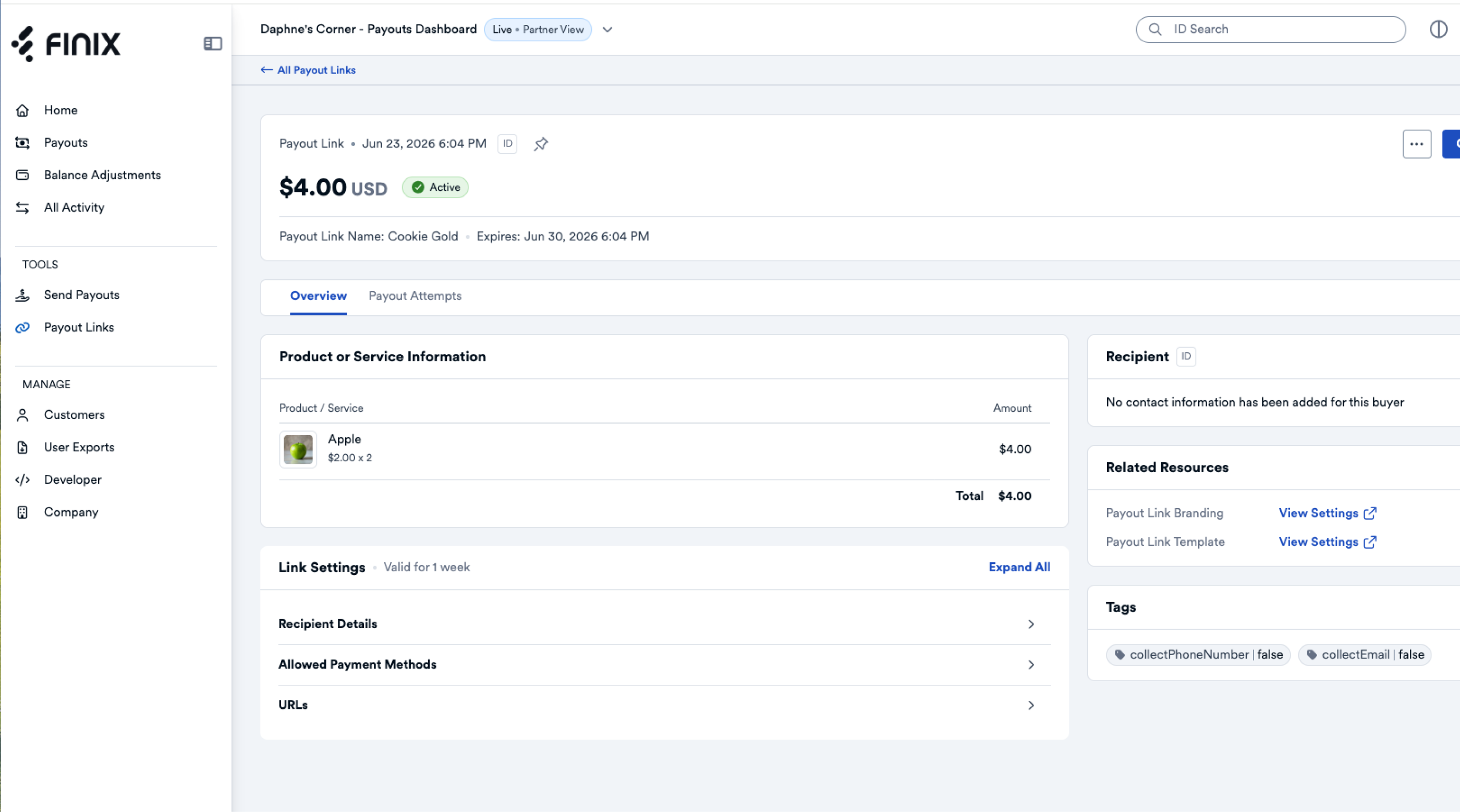 Payout Link Detail Page