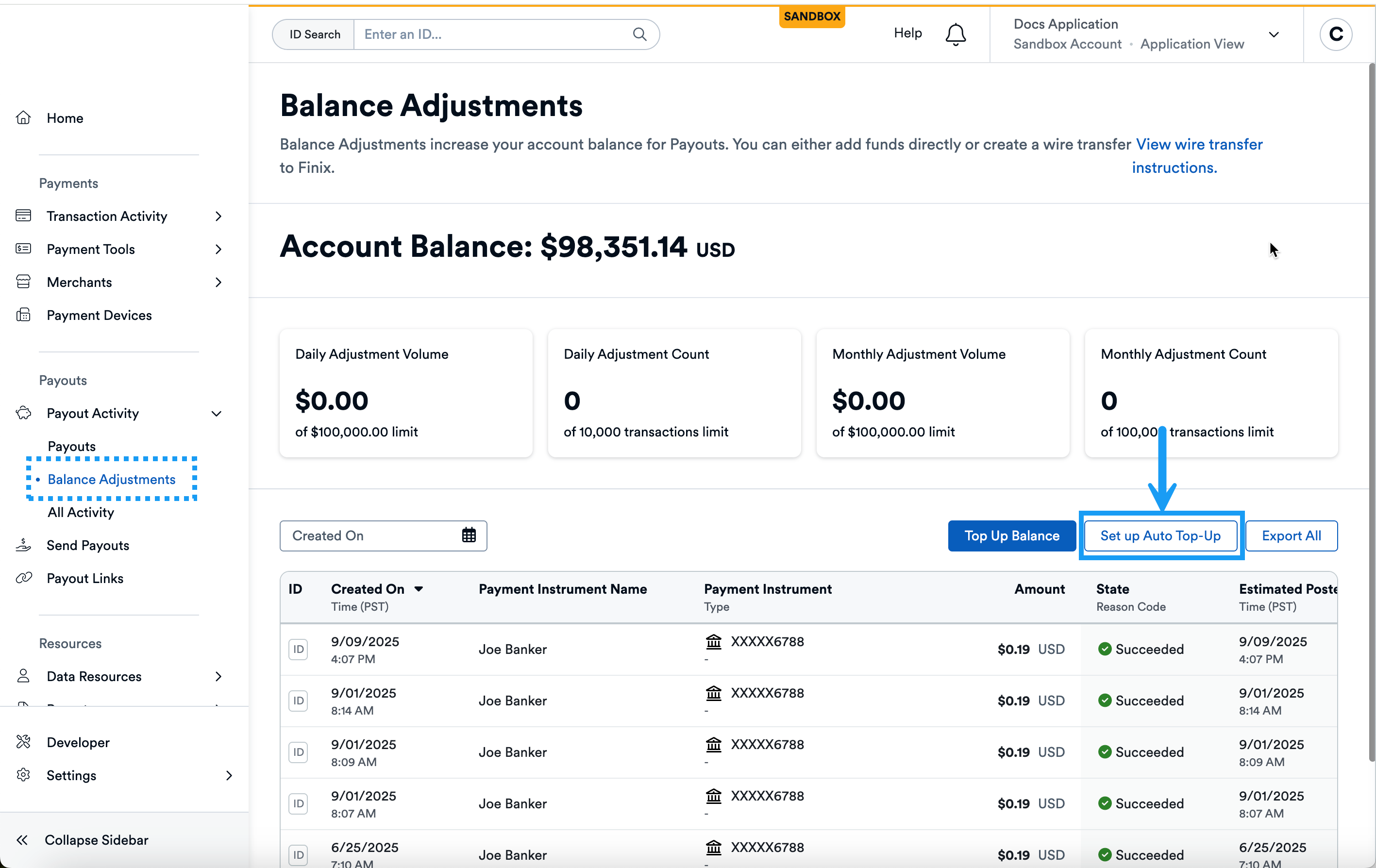 Payouts Balance Adjustments Auto Top Up