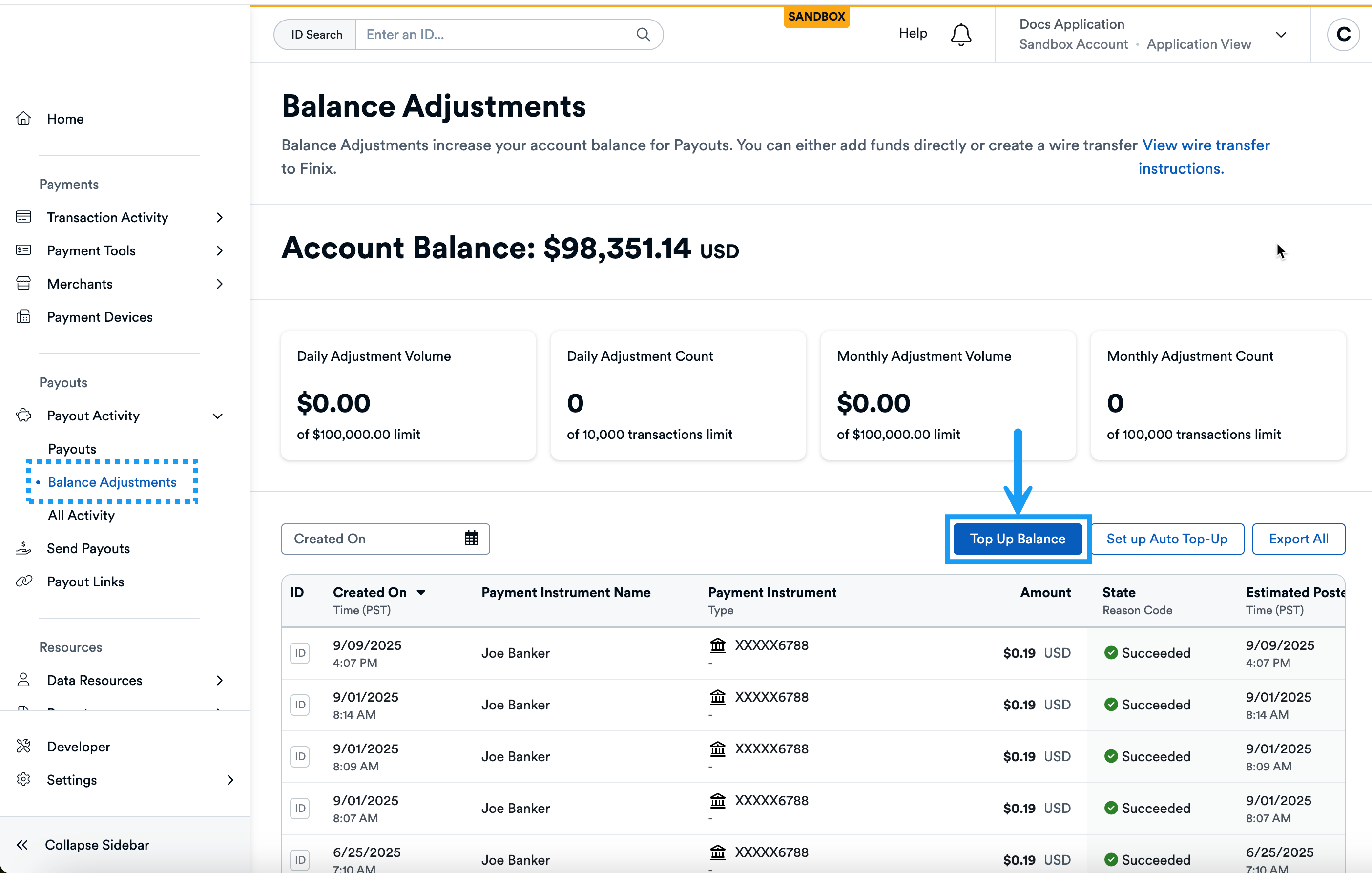 Payouts Balance Adjustments Top Up