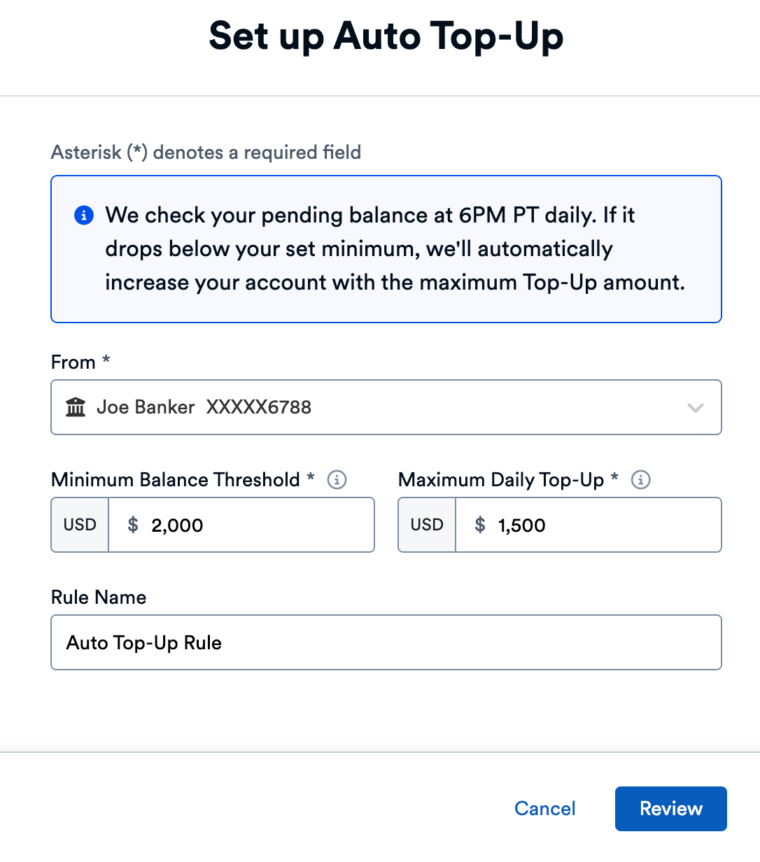 Set up Auto Top Up Wizard