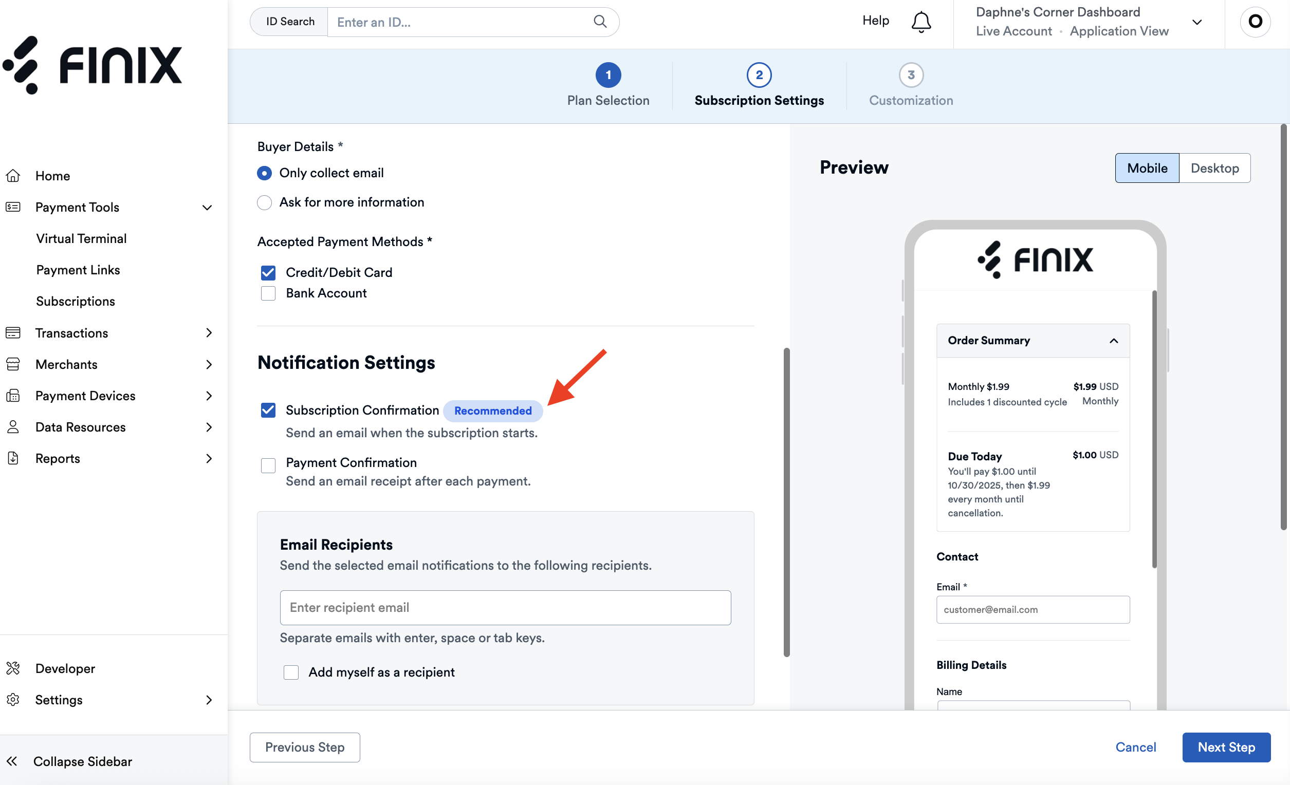 Subscription Links Notification Select
