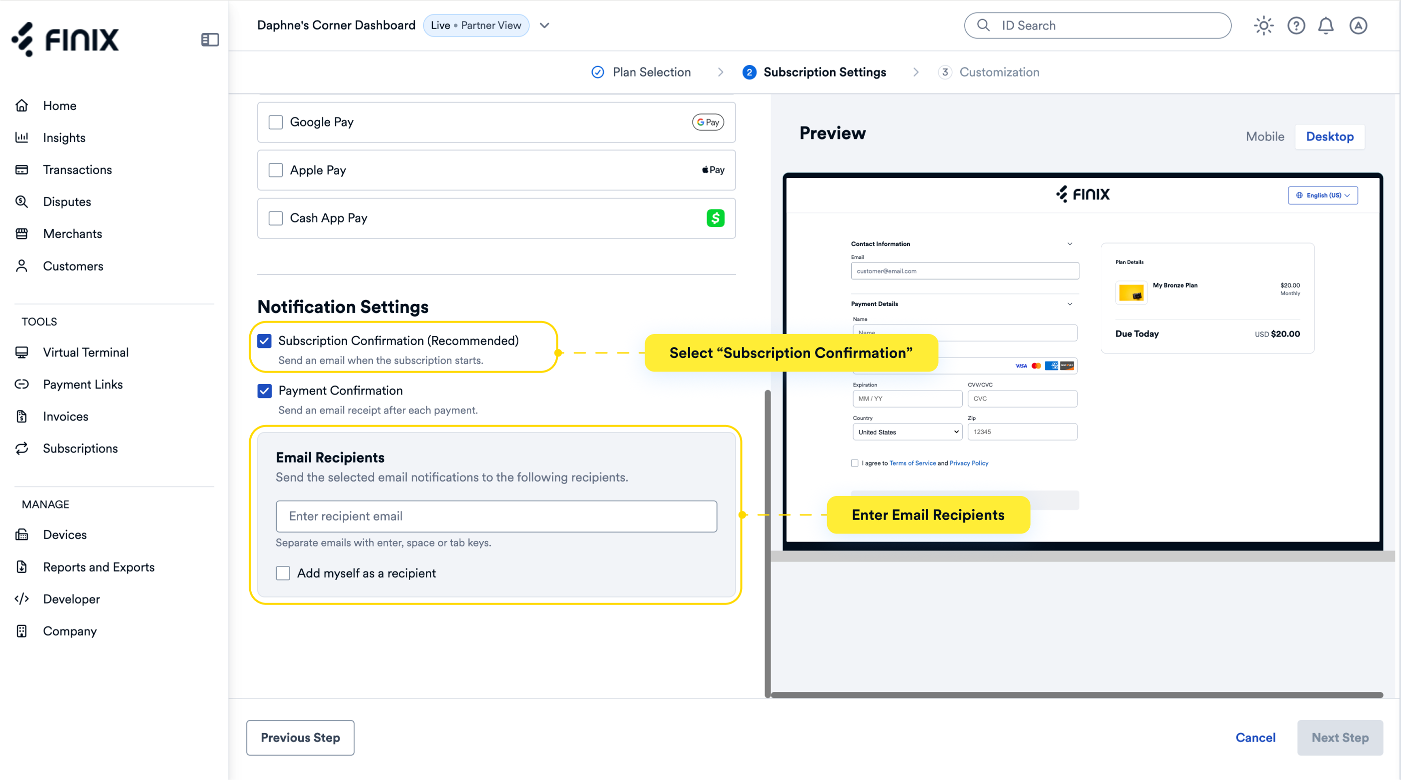 Subscription Links Notification Select