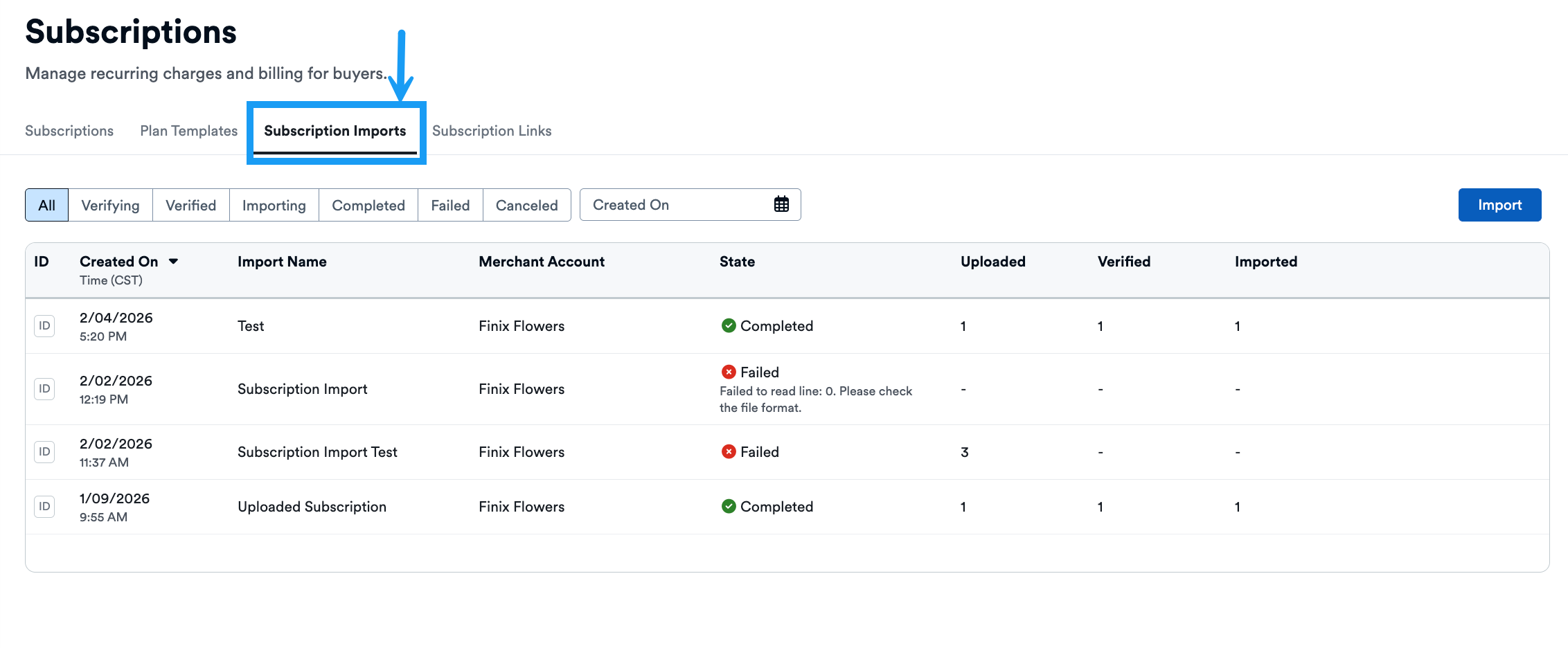 Subscription Imports Page Imported Subscriptions