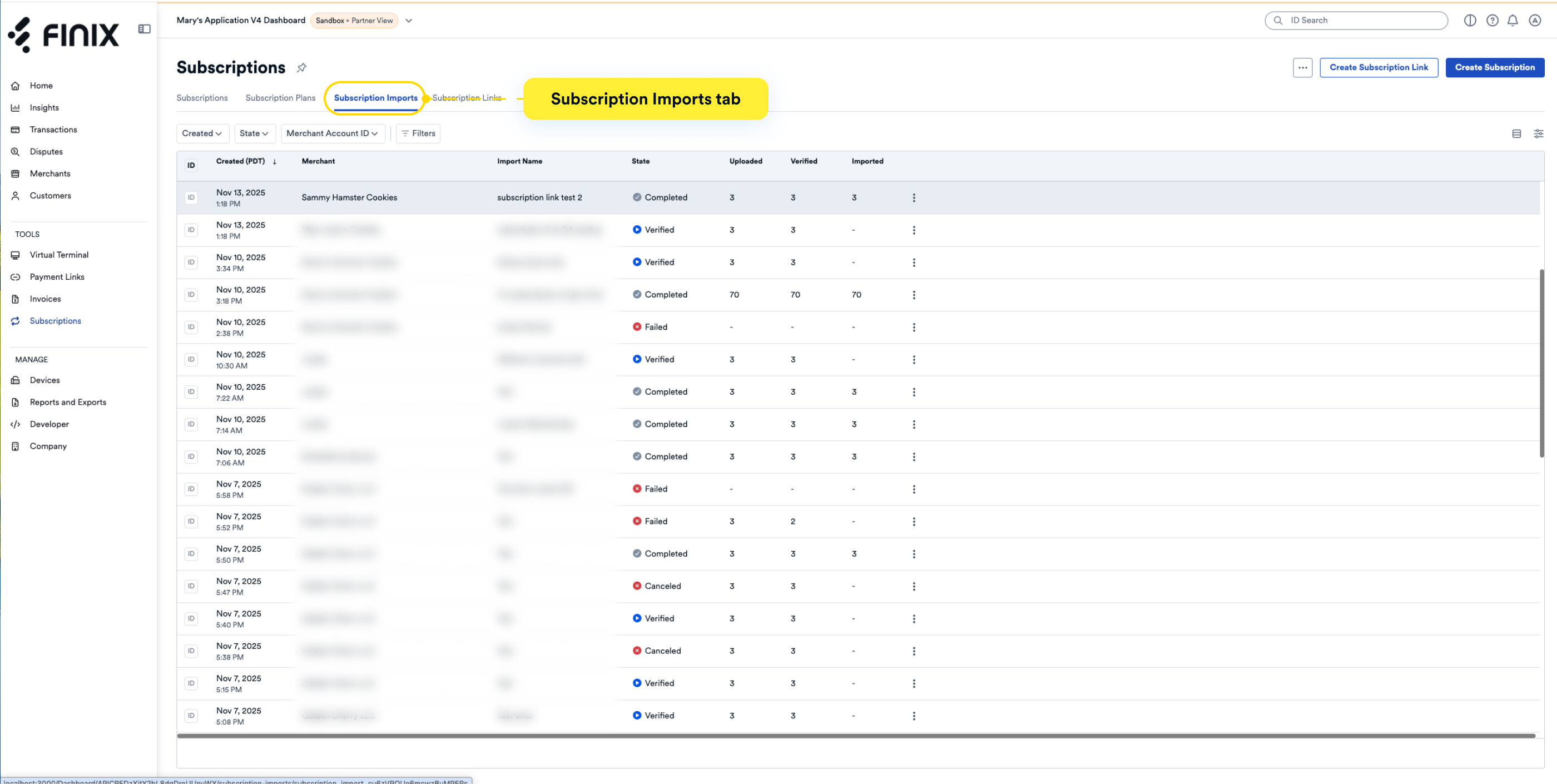 Subscription Imports Page Imported Subscriptions