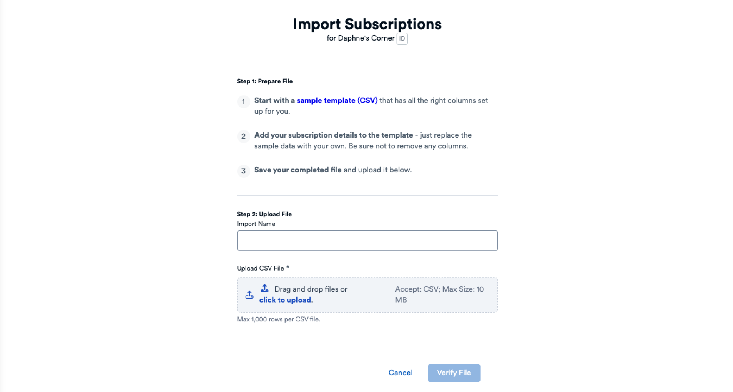 Import Subscriptions Page