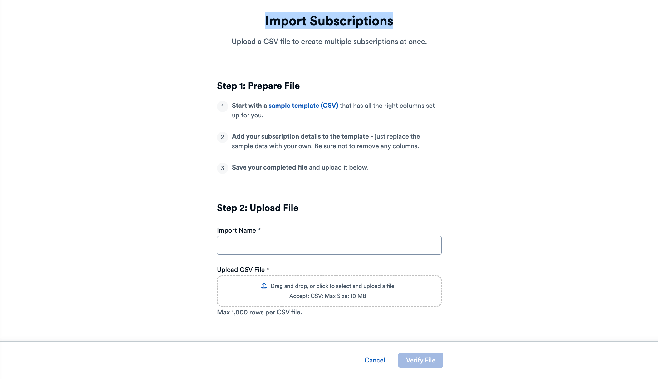 Import Subscriptions Page