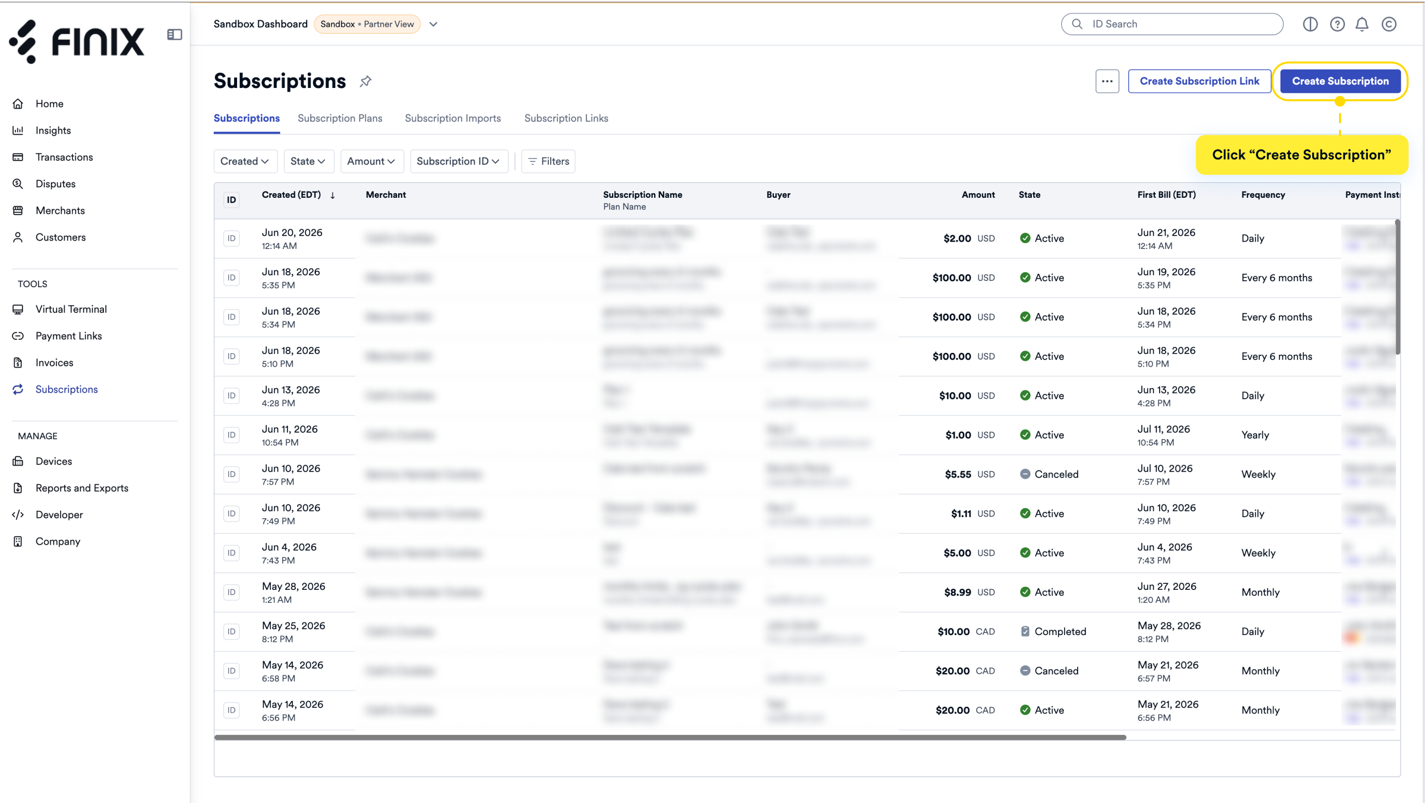Subscriptions List Page