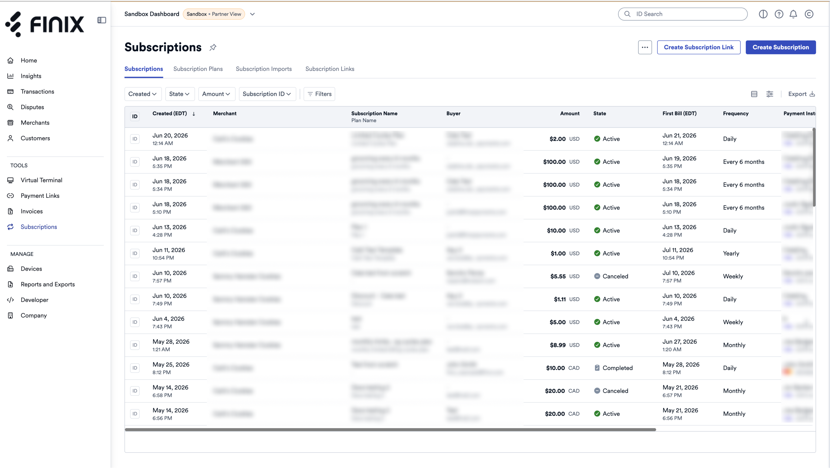 Subscriptions List Page
