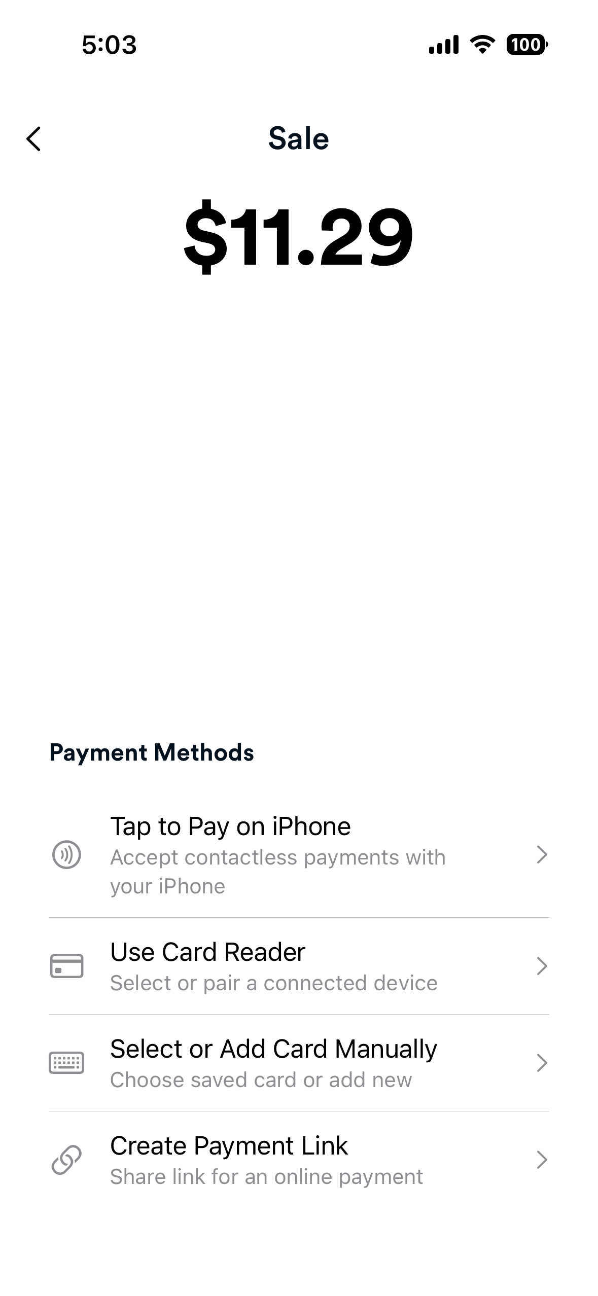 Finix Checkout iOS app payment method selection screen showing the Tap to Pay option