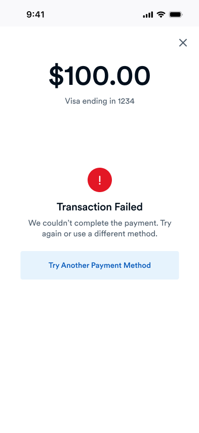 Finix Checkout iOS app Failed Transaction screen showing the reason for failure