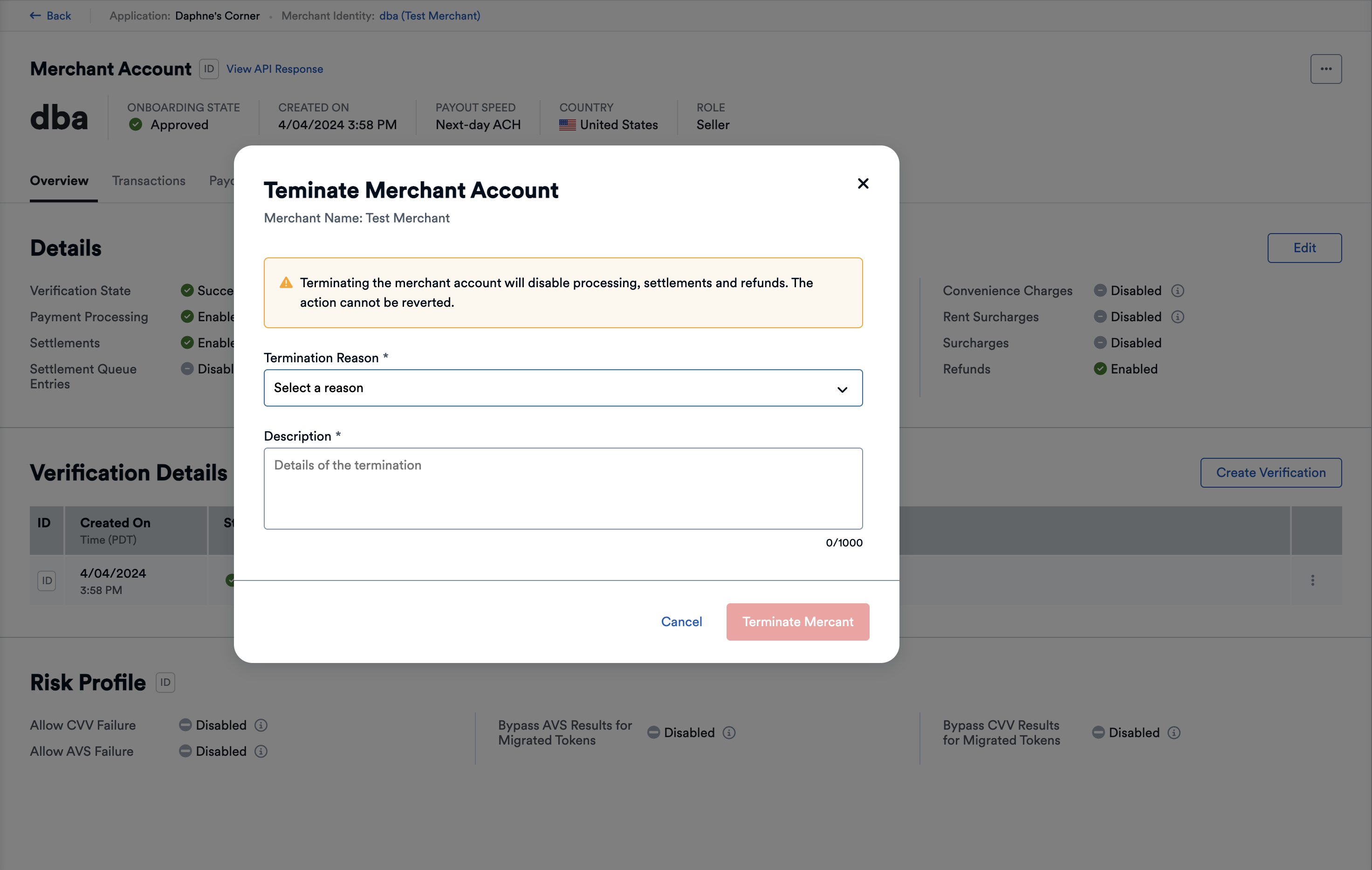 Terminate Merchant Page