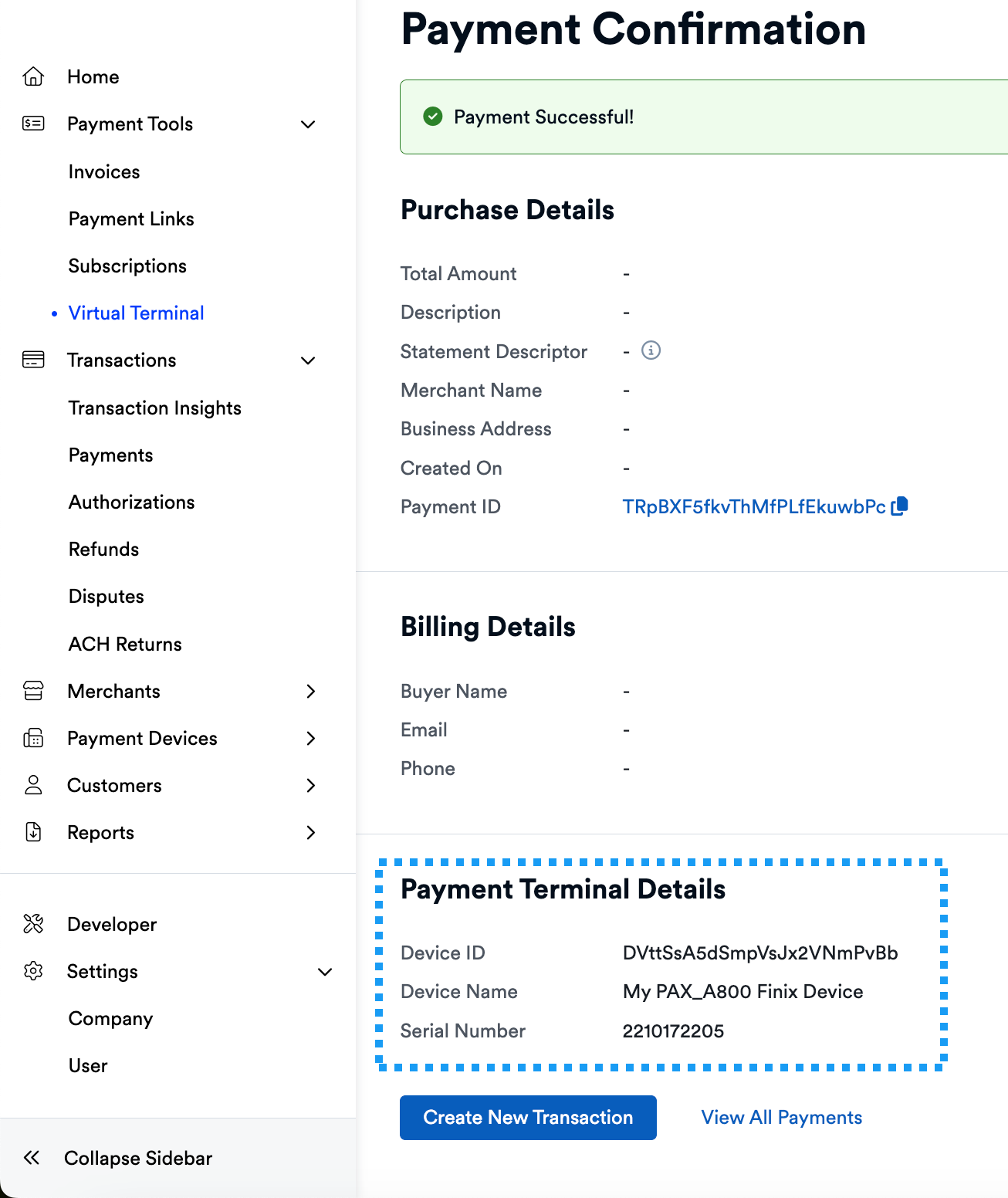 Virtual Terminal - Confirmation for Device Payment
