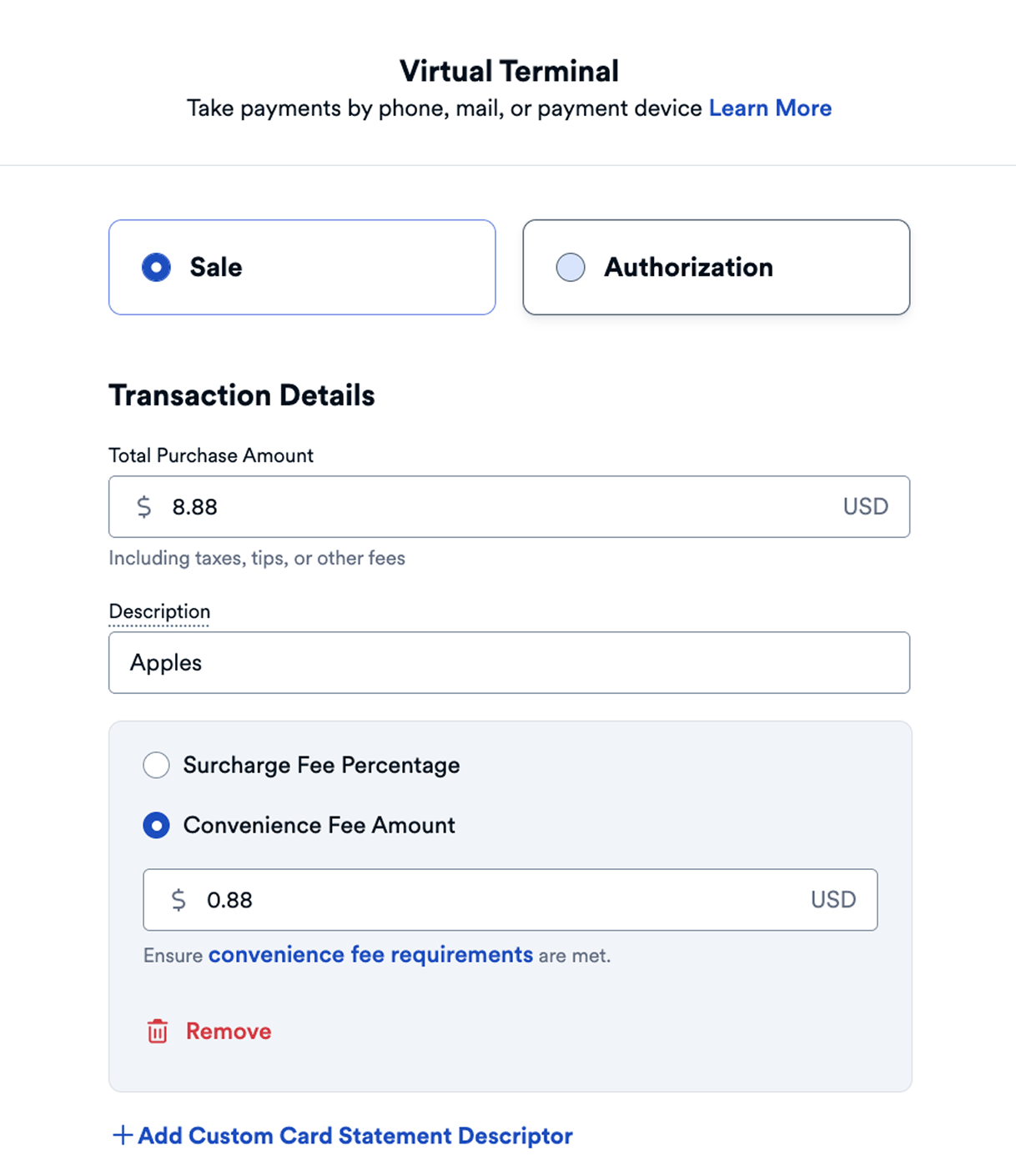 Virtual Terminal Form - Convenience Fee