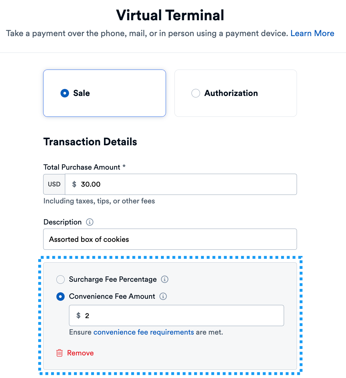 Virtual Terminal Form - Convenience Fee