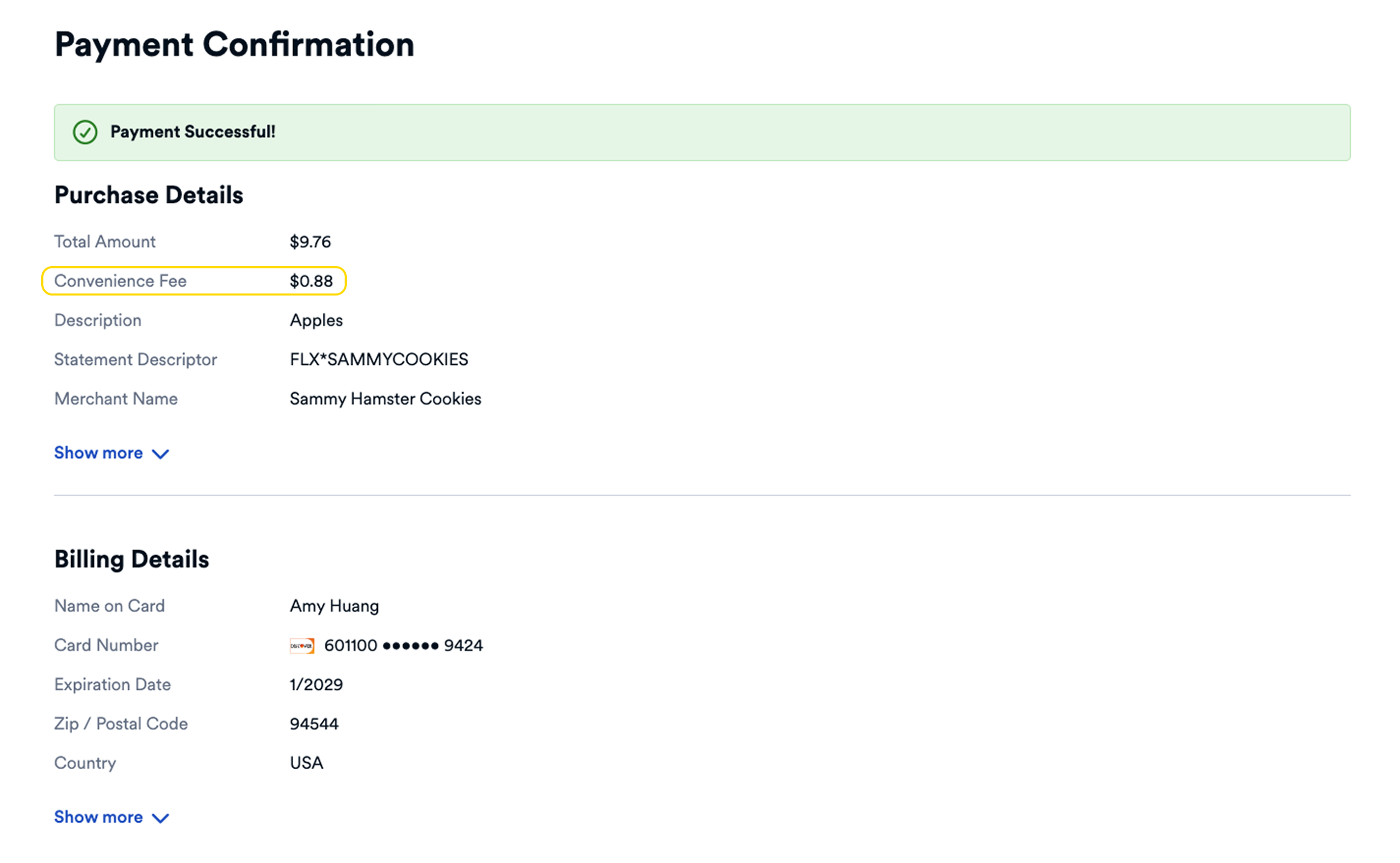 Payment Details Page - Convenience Fee